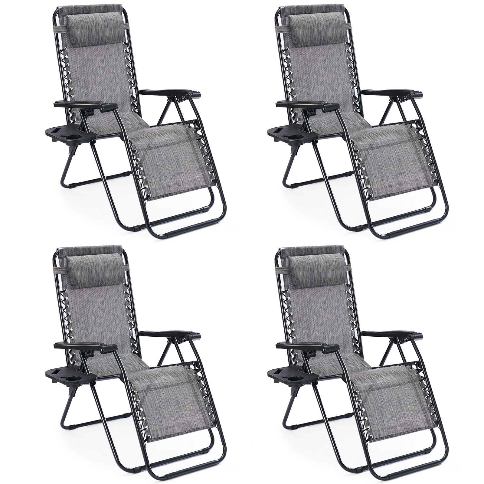 Sweetcrispy Zero Gravity Chairs, Set of 2 Portable Recliner Beach Camping Patio Outdoor Folding Lounge Chair with Cup Holder Trays and Adjustable Pillow for Poolside, Garden, Backyard, Lawn (Black)