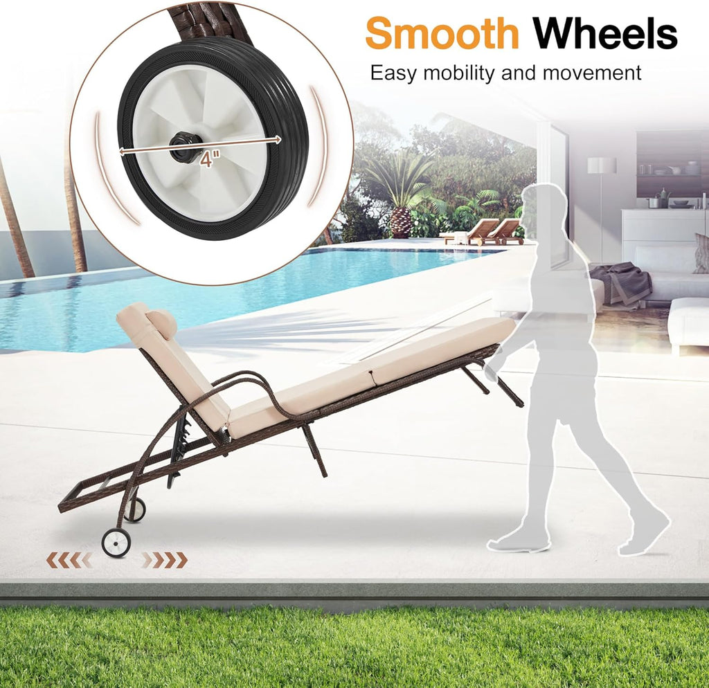HOMREST Wicker Chaise Lounge Set of 2, Pool Lounge Chair with Side Table, Outdoor Reclining Lounger Chair with Wheels 5-Level Adjustable Backrest for Poolside Deck Lawn,Khaki