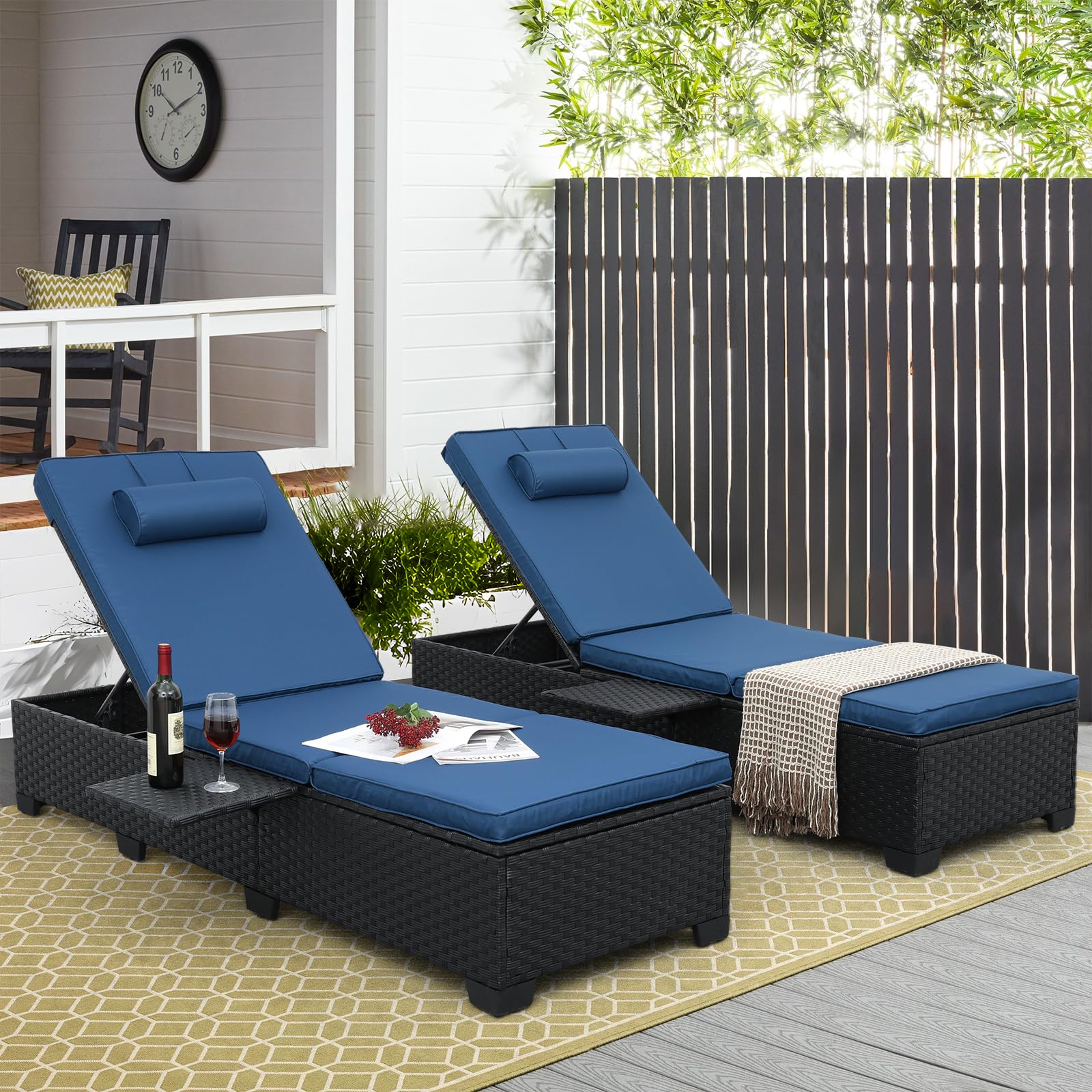 WAROOM Outdoor Chaise Lounge Chairs for Outside Patio Furniture Set of 2 Wicker Recliner Black Rattan Sunbathing Lounger Adjustable Backrest Pool Reclining Chair, Navy Blue Cushion
