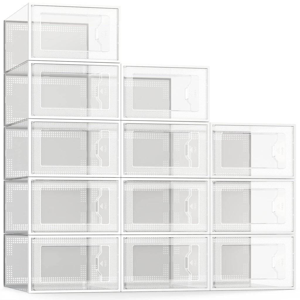 SEE SPRING 12 Pack Shoe Storage Box, Clear Plastic Stackable Shoe Organizer for Closet, Space Saving Foldable Shoe Rack Sneaker Container Bin Holder