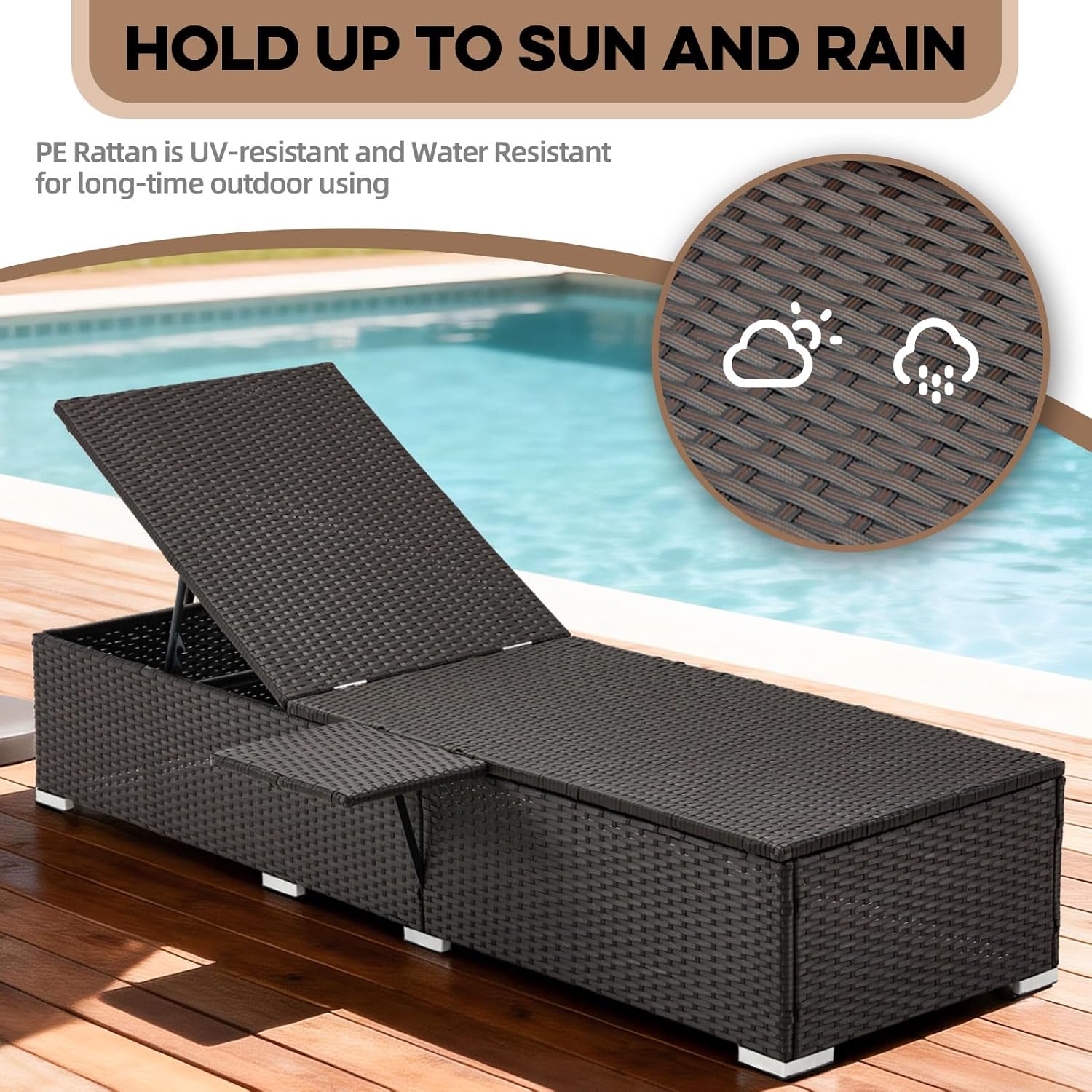 Outdoor Chaise Lounge with Adjustable Backrest Set of 2, 6-Position Reclining Lounger Pool Chair, Thick 3-Inch Cushion & Side Tray, All-Weather PE Wicker for Outdoor, Backyard, Deck (Khaki)