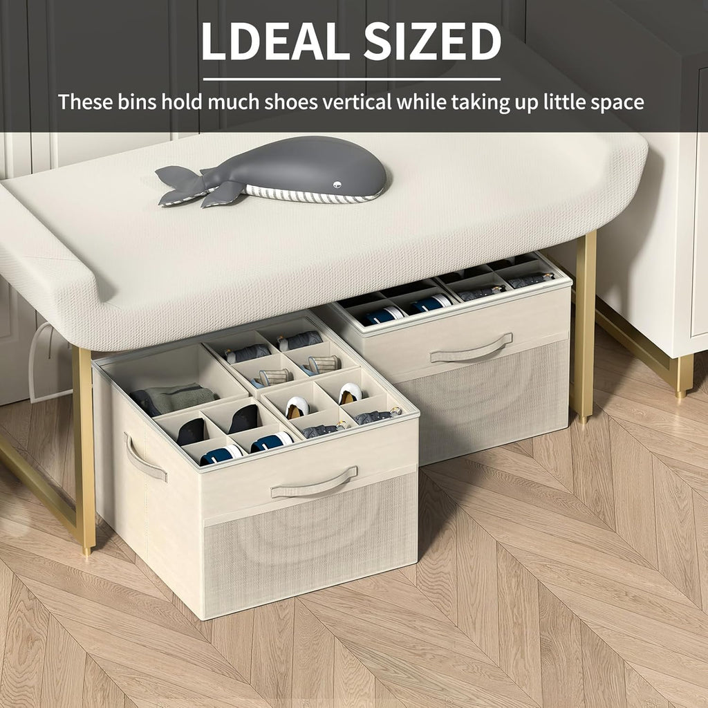 Aokeyee Shoe Organizer for Closet,2 Pack Foldable Shoe Storage Organizer Box Bin with Adjustable Dividers and Clear Cover, Fits up to 16-32 Pairs