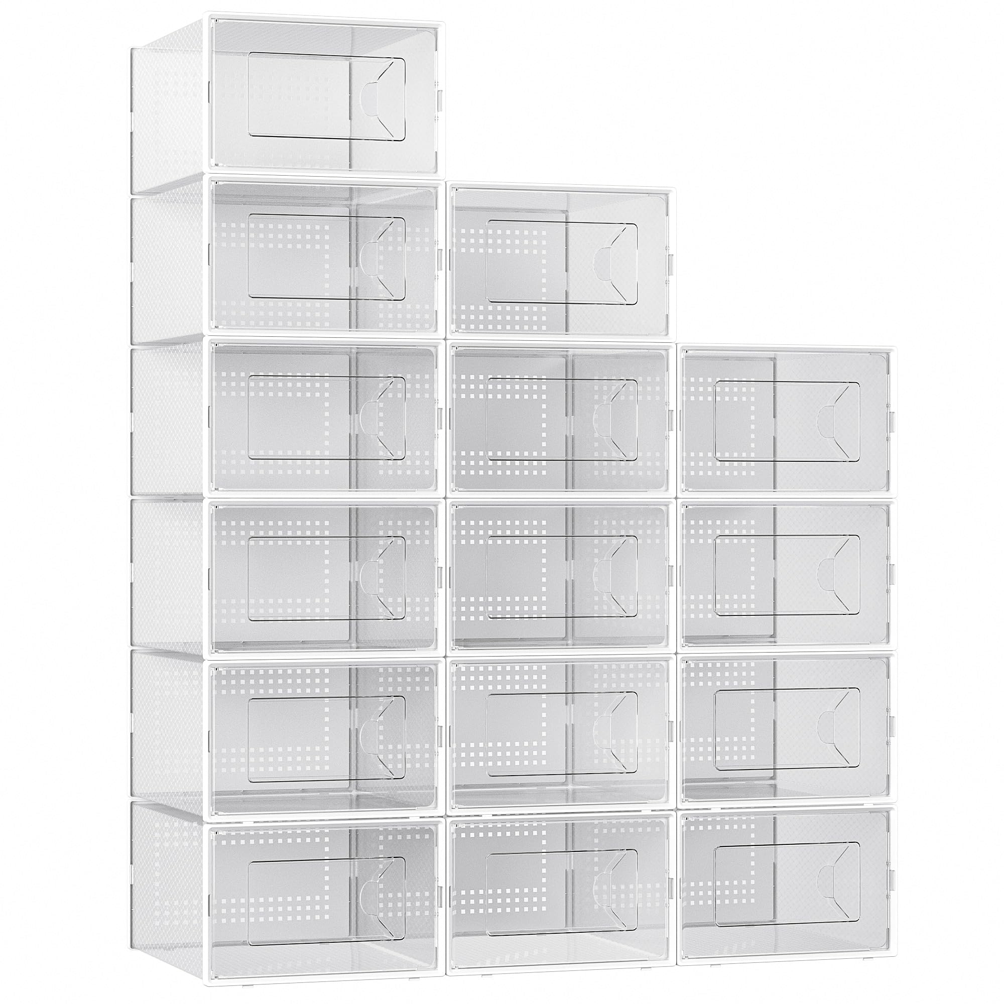 X-Large Shoe Storage Box, 15 Pack Clear Plastic Stackable Shoe Organizer for Closet, Interlocking Design Shoe Container Bins for Sneakers, Foldable Shoe Rack with Lids, Black