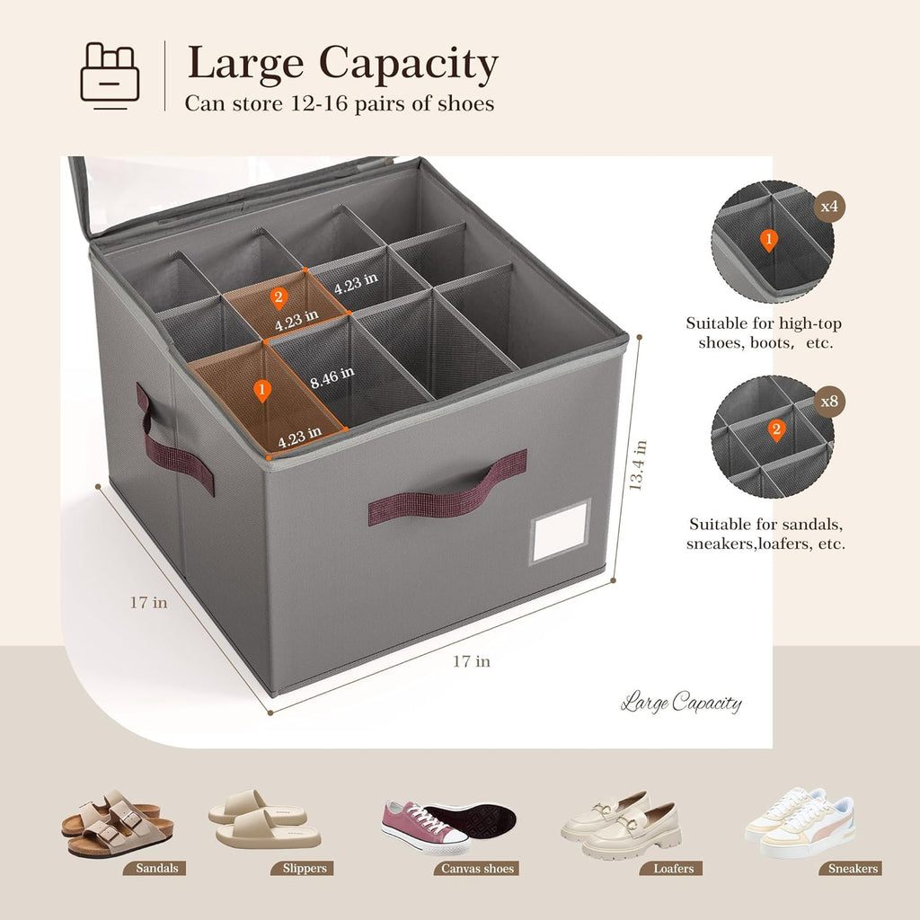 Criusia Shoe Organizer for Closet, 2 Pack Shoe Organizer with Transparent Cover and Sturdy Handles, Closet Shoe Storage for Sneakers Sandals Slippers, Fit 12-16 Pairs, Gray