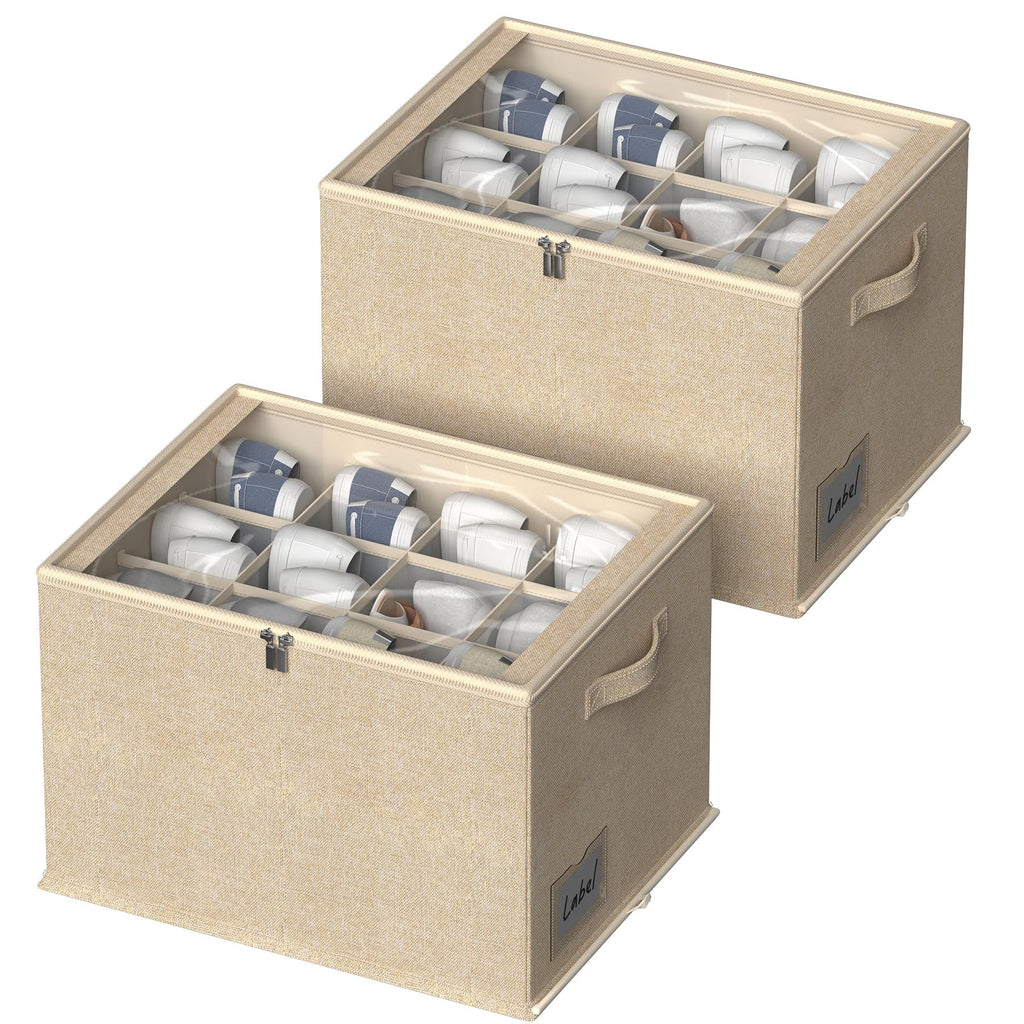 2 Pack Shoe Organizer for Closet - Shoe Storage Bins with Clear Cover, Fabric Shoe Storage Containers with Reinforced Handles, Fits up to 24 Pairs (Grey, 16.5 * 12.6 * 12.2in)