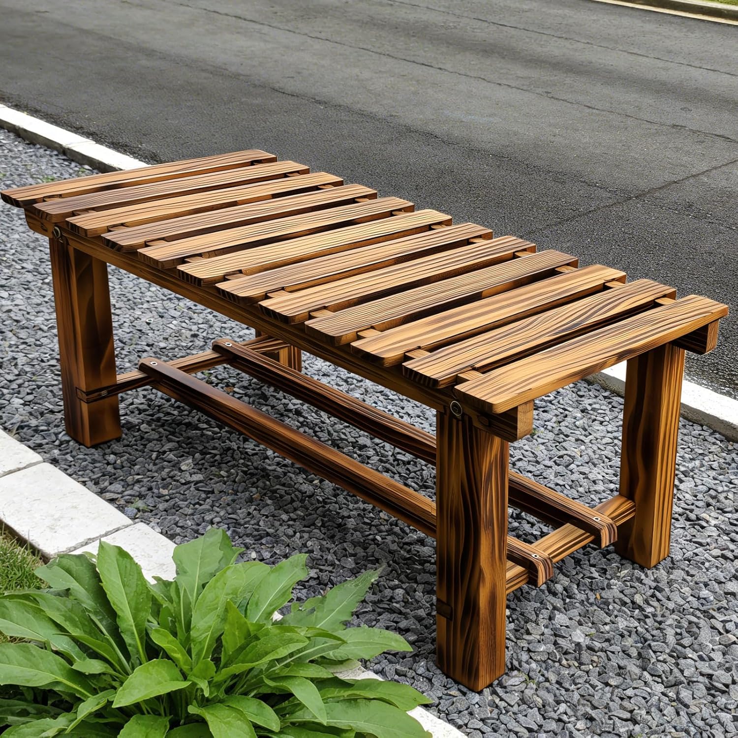 35.5" Outdoor Garden Bench, Weatherproof 2-Person Backless Wooden Bench with Mortise-Tenon Structure – for Garden, Lawn, Porch, Backyard （Brown