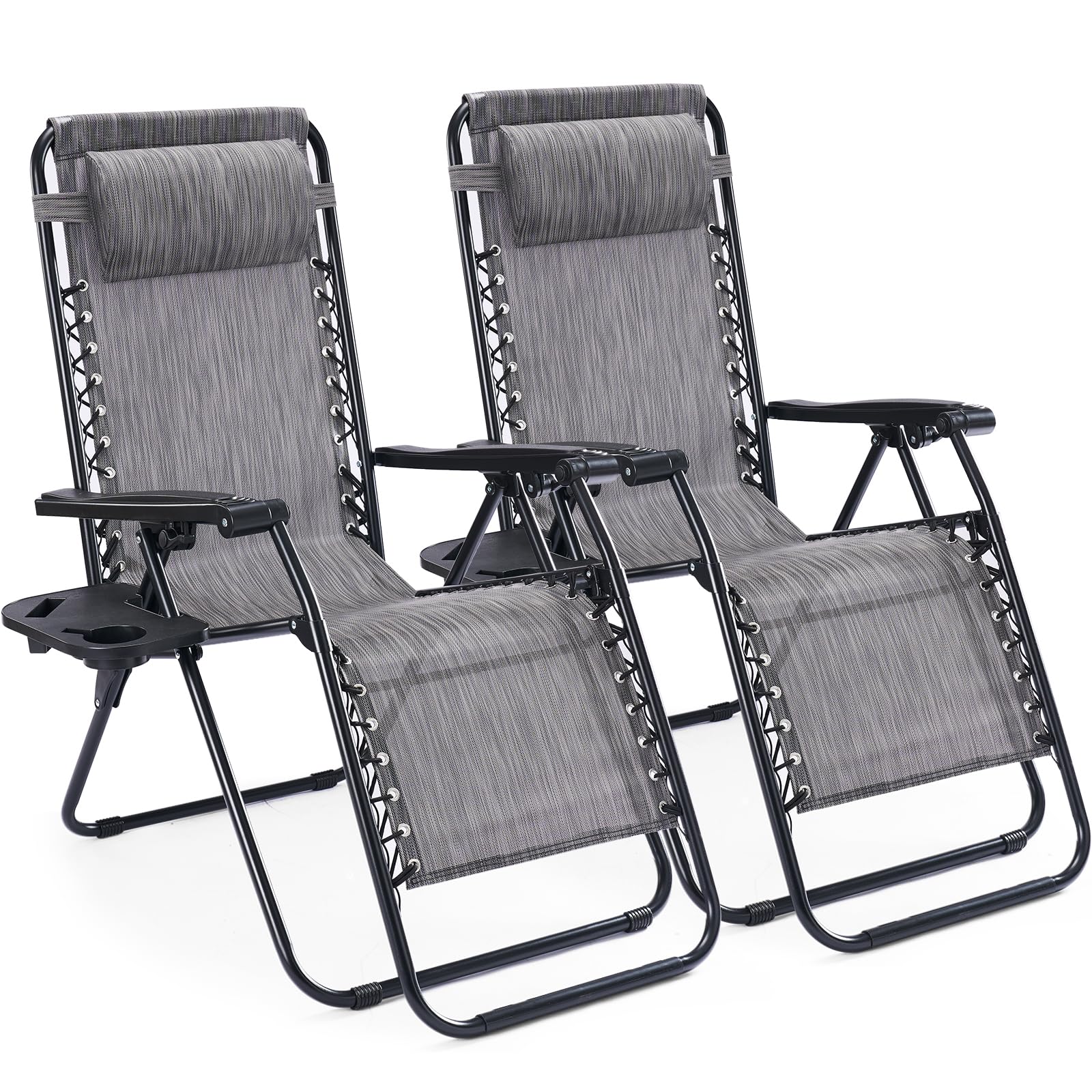 Sweetcrispy Zero Gravity Chairs, Set of 2 Portable Recliner Beach Camping Patio Outdoor Folding Lounge Chair with Cup Holder Trays and Adjustable Pillow for Poolside, Garden, Backyard, Lawn (Black)