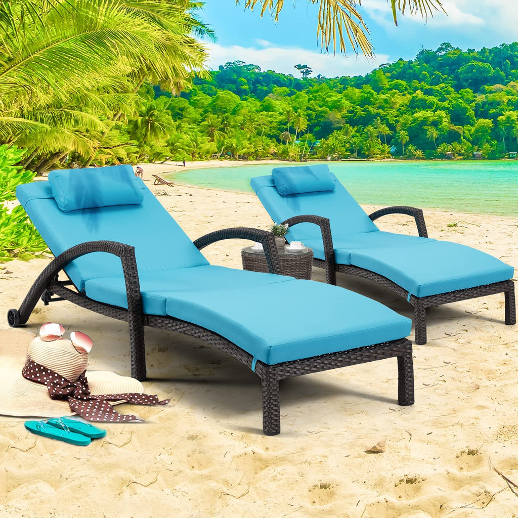 HOMREST Wicker Chaise Lounge Set of 2, Pool Lounge Chair with Side Table, Outdoor Reclining Lounger Chair with Wheels 5-Level Adjustable Backrest for Poolside Deck Lawn,Khaki