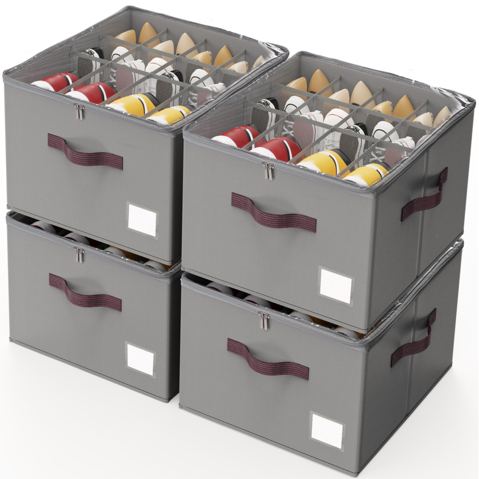 Criusia Shoe Organizer for Closet, 2 Pack Shoe Organizer with Transparent Cover and Sturdy Handles, Closet Shoe Storage for Sneakers Sandals Slippers, Fit 12-16 Pairs, Gray