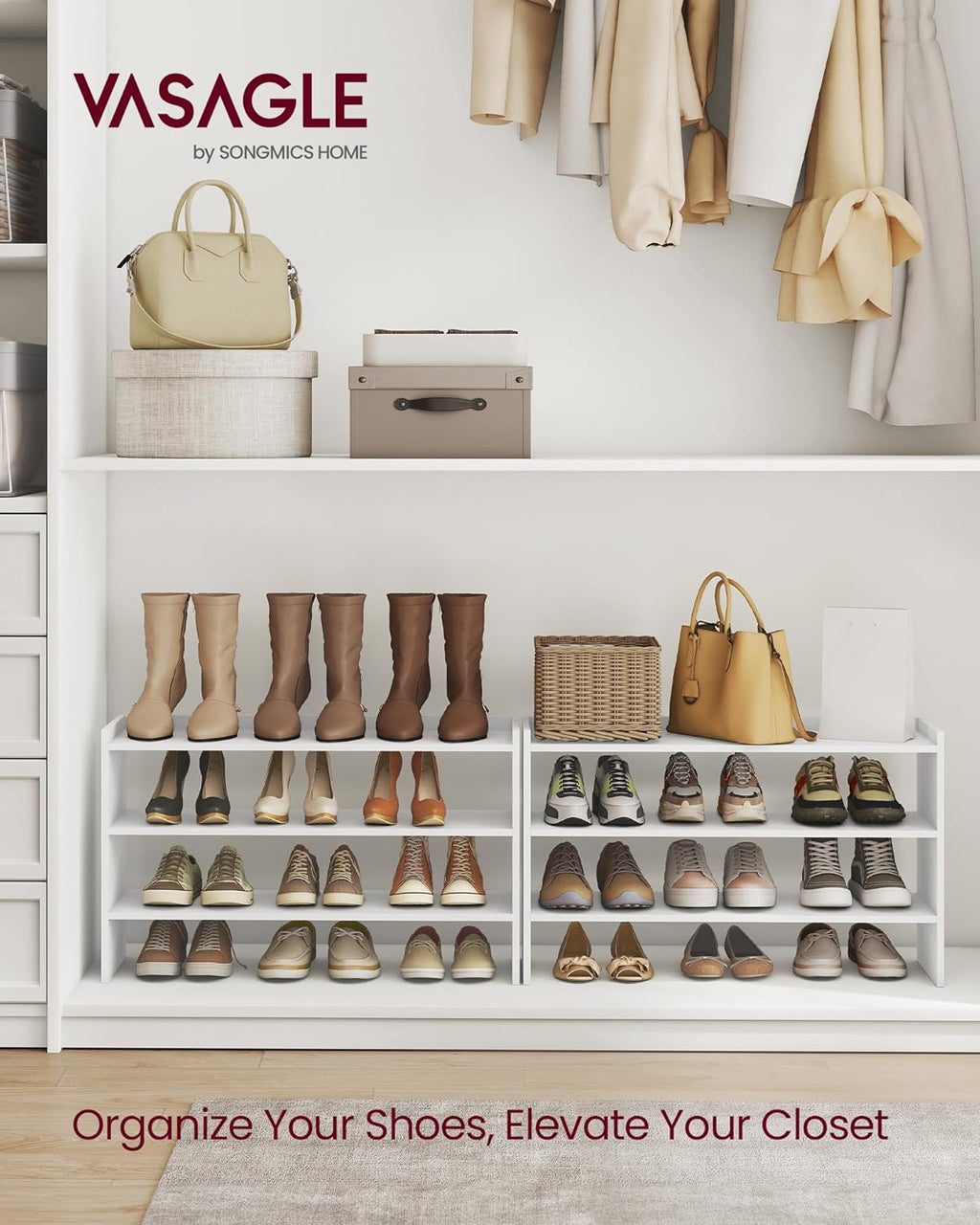 VASAGLE Shoe Rack for Closet, Stackable Shoe Organizer Shelf for Entryway, 3 Tiers, 11.7 x 32.3 x 21.3 Inches, White ULBS061WZ01S
