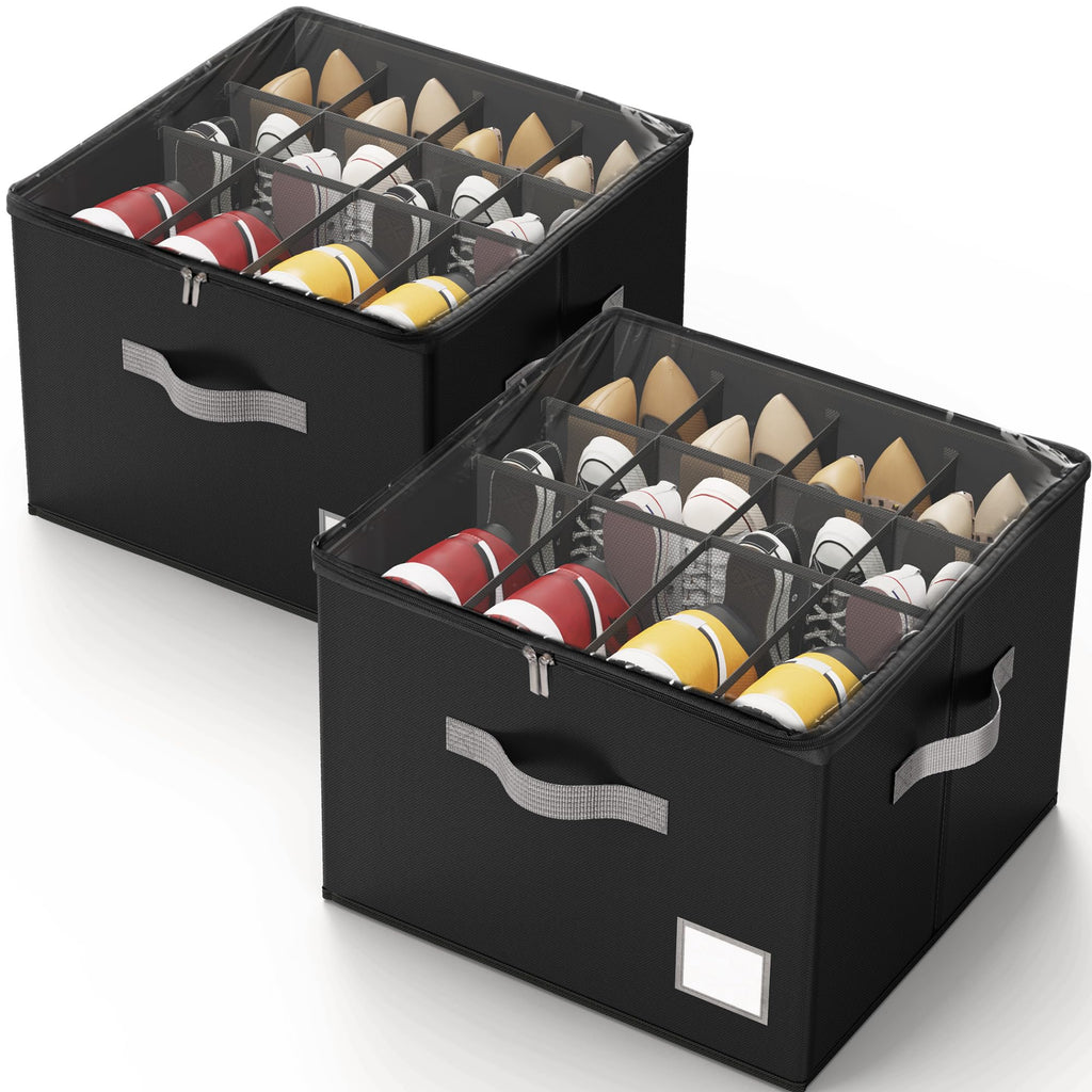 Criusia Shoe Organizer for Closet, 2 Pack Shoe Organizer with Transparent Cover and Sturdy Handles, Closet Shoe Storage for Sneakers Sandals Slippers, Fit 12-16 Pairs, Gray