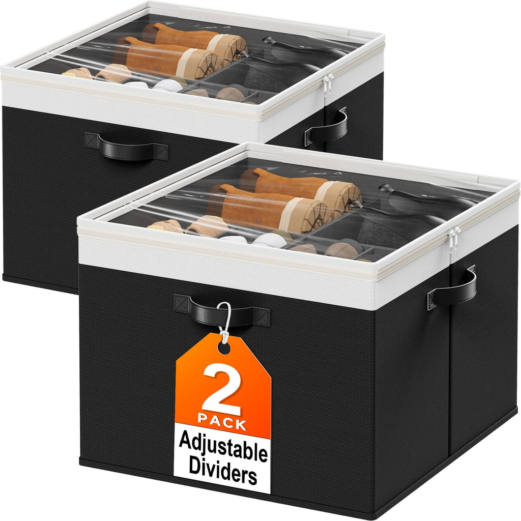 Shoe Organizer for Closet - 2 Packs Hold up to 32 Pairs, Large Shoe Storage Organizer Containers with Adjustable Dividers, Clear Cover, Leather Handles for Heels, Boots, Sneakers (Gray)