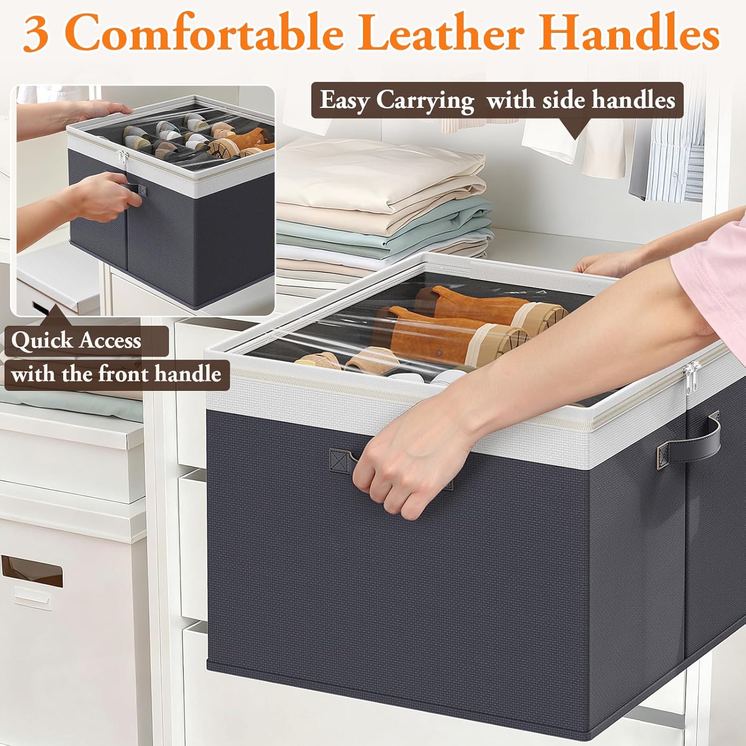 Shoe Organizer for Closet - 2 Packs Hold up to 32 Pairs, Large Shoe Storage Organizer Containers with Adjustable Dividers, Clear Cover, Leather Handles for Heels, Boots, Sneakers (Gray)