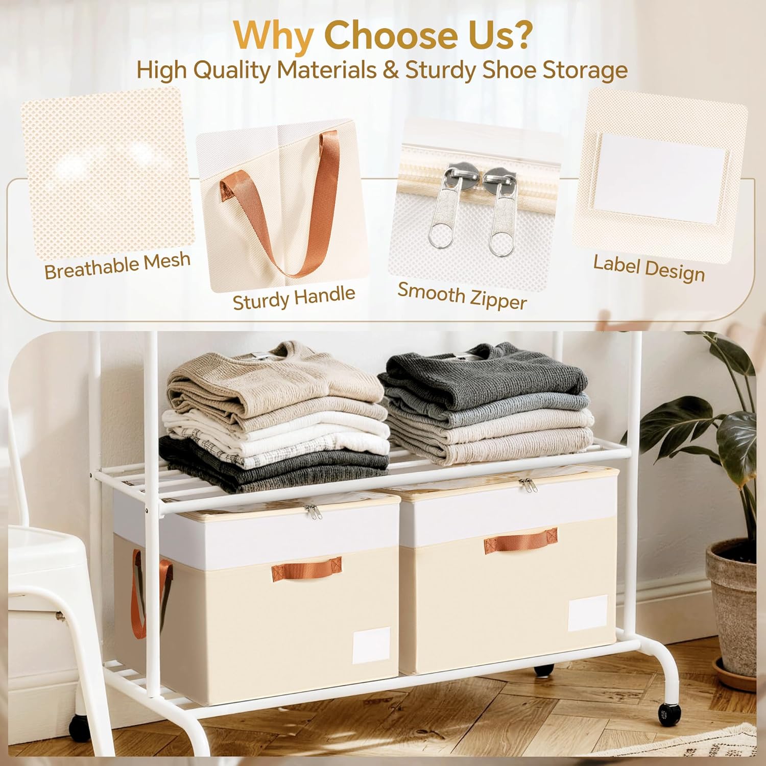 Criusia Shoe Organizer for Closet, 2 Pack Foldable Shoe Storage Organizer Box Bin with Adjustable Dividers and Clear Cover, Closet Shoe Storage for Sneakers Sandals Boots, Fit 16-32 Pairs, Beige