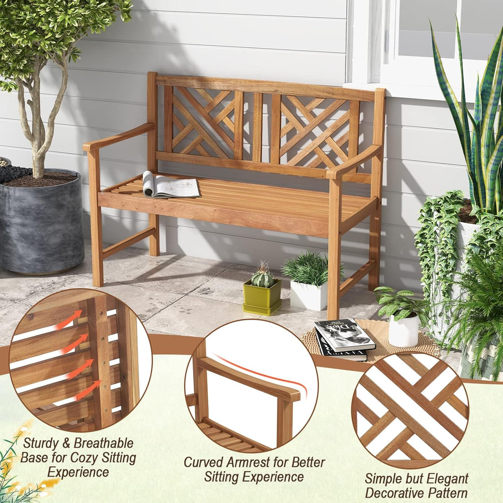 Giantex Outdoor Wooden Garden Bench - 2-Person Acacia Wood Loveseat with Armrests, Backrest, 800lbs Capacity, Patio Park Bench for Backyard, Front Porch Bench (Non-Foldable)