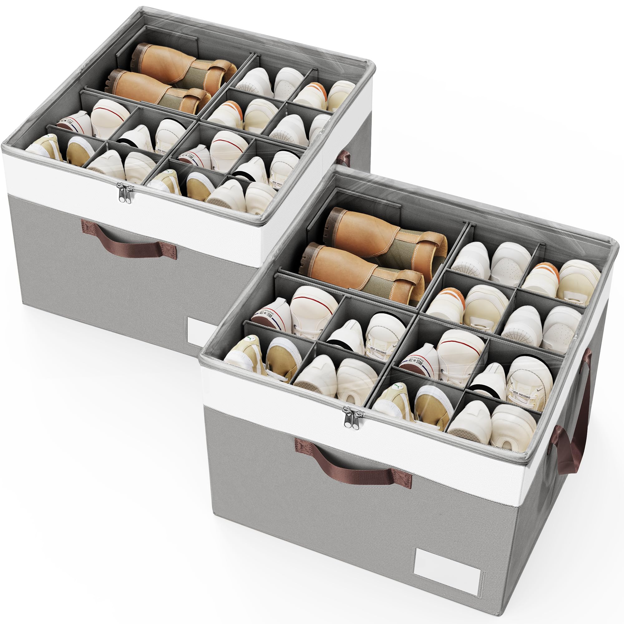 Criusia Shoe Organizer for Closet, 2 Pack Foldable Shoe Storage Organizer Box Bin with Adjustable Dividers and Clear Cover, Closet Shoe Storage for Sneakers Sandals Boots, Fit 16-32 Pairs, Beige