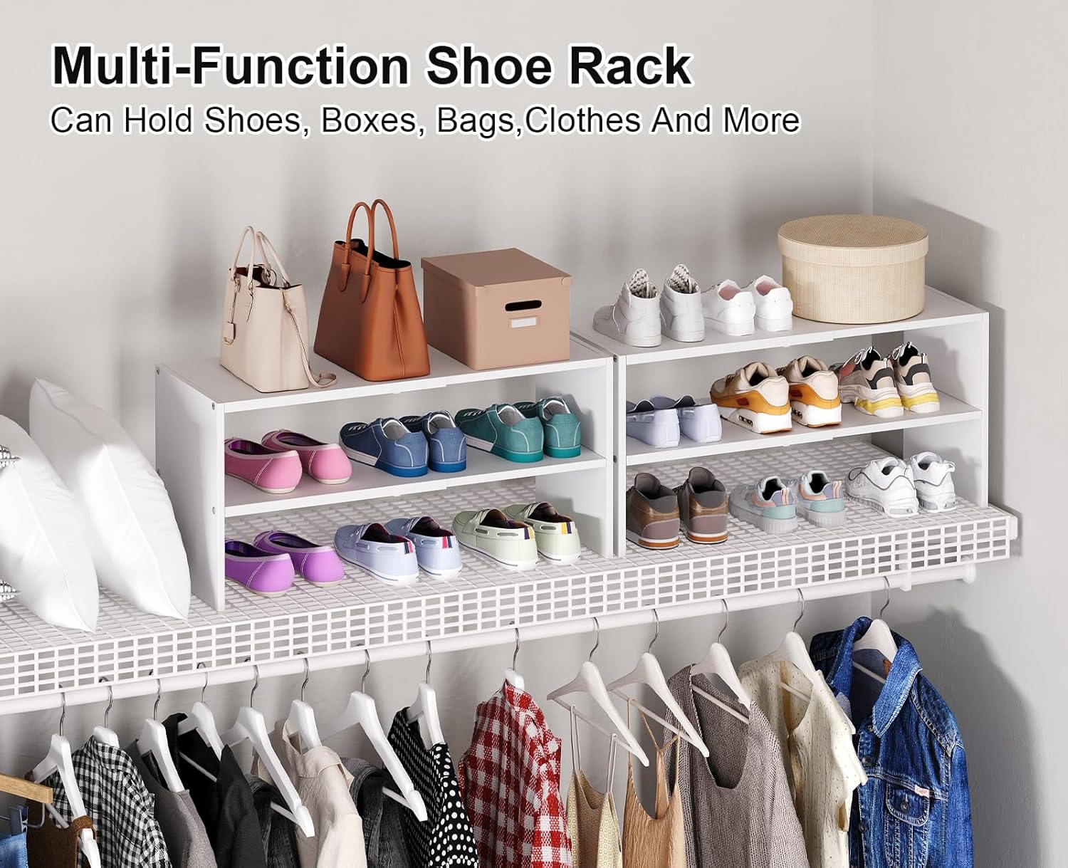 2 Pack White Shoe Rack for Closet, 2-Tier Expandable Small Shoe Shelf, Stackable Iron Wood Combination Shoe Organizer Racks Shelves for Closets, Entryway, Hallway, Garage, Holds 12-24 Pairs