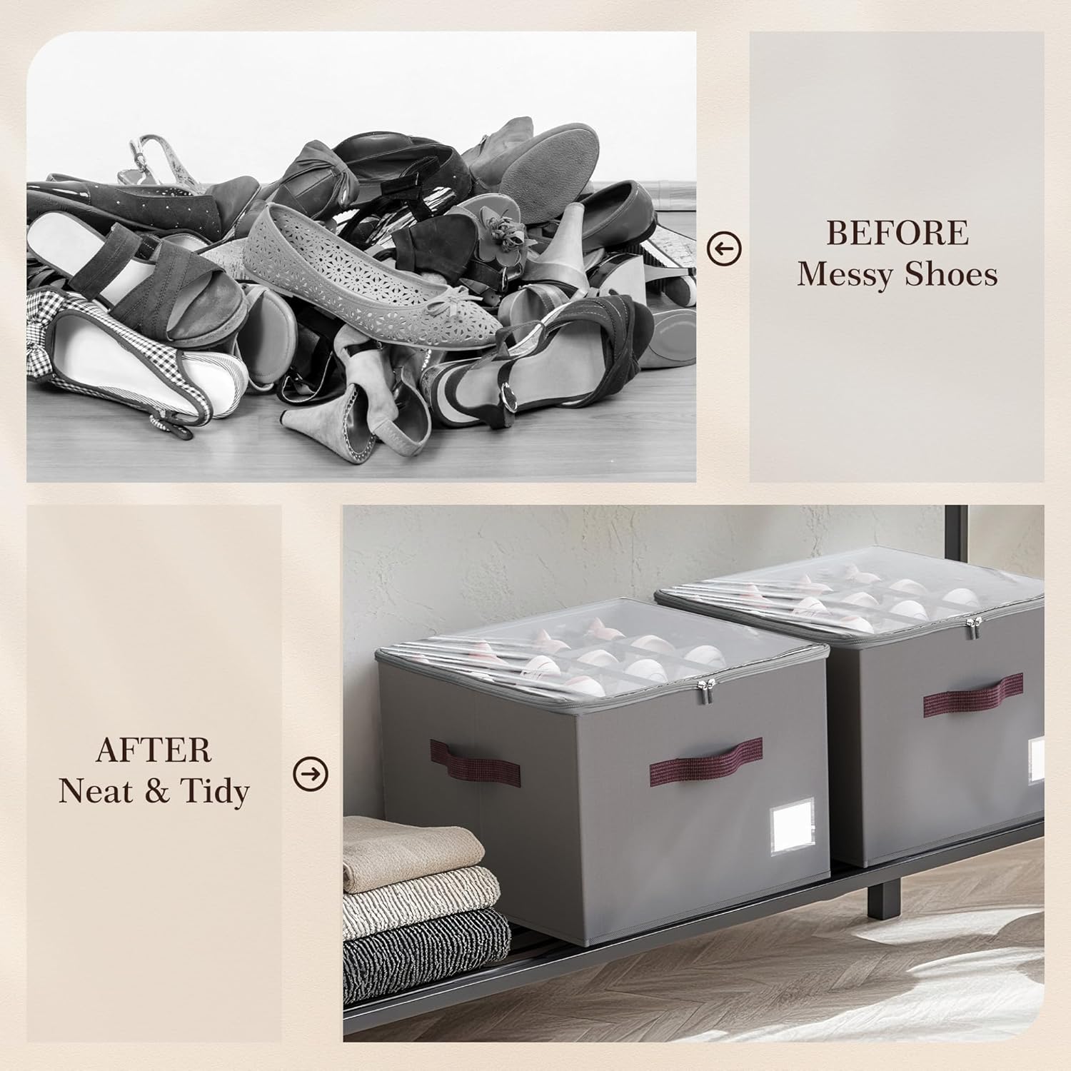 Criusia Shoe Organizer for Closet, 2 Pack Shoe Organizer with Transparent Cover and Sturdy Handles, Closet Shoe Storage for Sneakers Sandals Slippers, Fit 12-16 Pairs, Gray