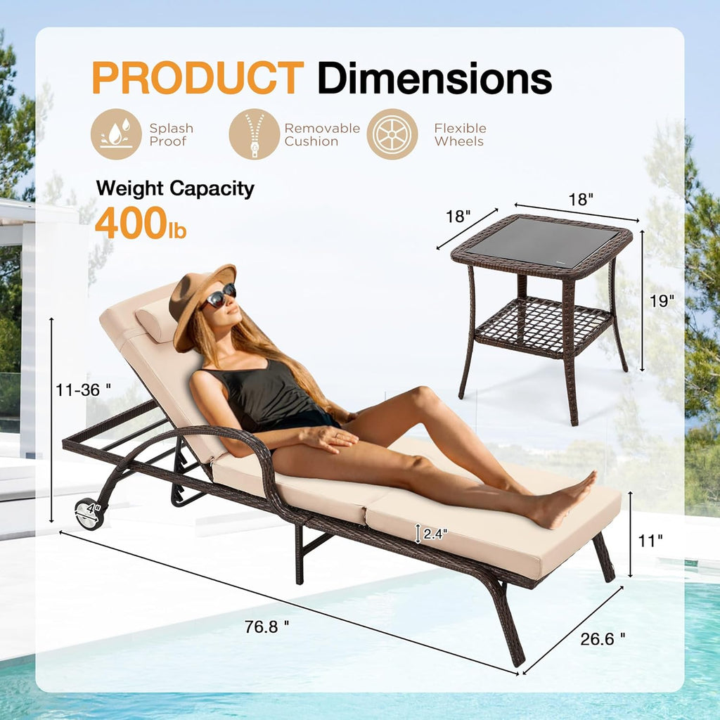 HOMREST Wicker Chaise Lounge Set of 2, Pool Lounge Chair with Side Table, Outdoor Reclining Lounger Chair with Wheels 5-Level Adjustable Backrest for Poolside Deck Lawn,Khaki