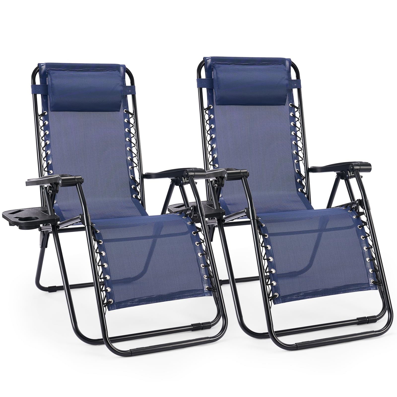 Sweetcrispy Zero Gravity Chairs, Set of 2 Portable Recliner Beach Camping Patio Outdoor Folding Lounge Chair with Cup Holder Trays and Adjustable Pillow for Poolside, Garden, Backyard, Lawn (Black)