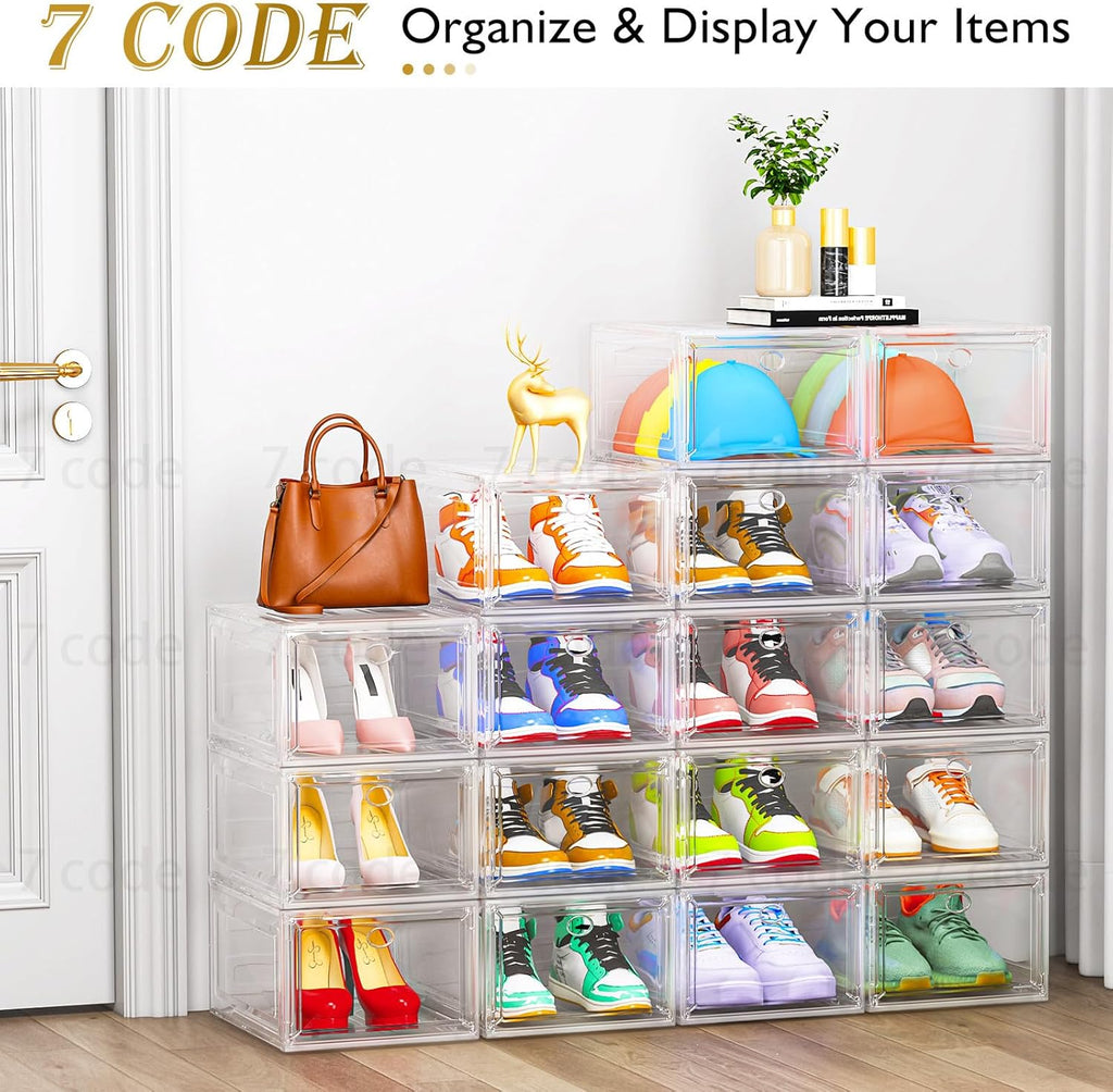 Thickened Clear Shoe Storage Organizer with Magnetic Door, Sturdy Stackable Shoe Boxes for Closet, Collapsible Space-Saving Shoe Rack for Sneakers & Boots, Plastic Shoe Cabinet Box Set, 6 Pack, White
