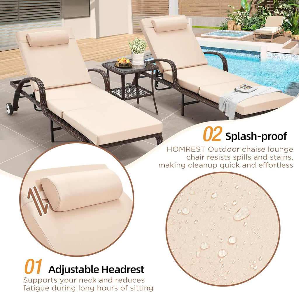 HOMREST Wicker Chaise Lounge Set of 2, Pool Lounge Chair with Side Table, Outdoor Reclining Lounger Chair with Wheels 5-Level Adjustable Backrest for Poolside Deck Lawn,Khaki