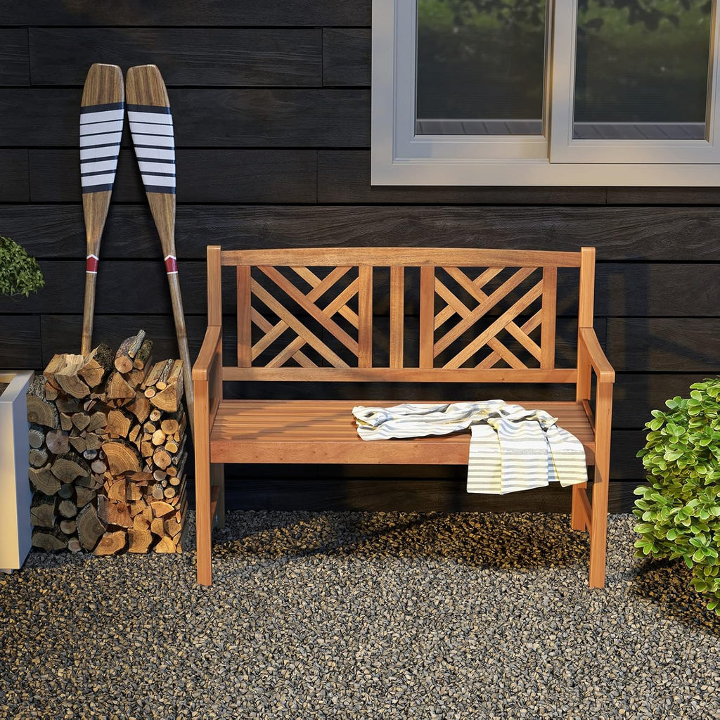 Giantex Outdoor Wooden Garden Bench - 2-Person Acacia Wood Loveseat with Armrests, Backrest, 800lbs Capacity, Patio Park Bench for Backyard, Front Porch Bench (Non-Foldable)