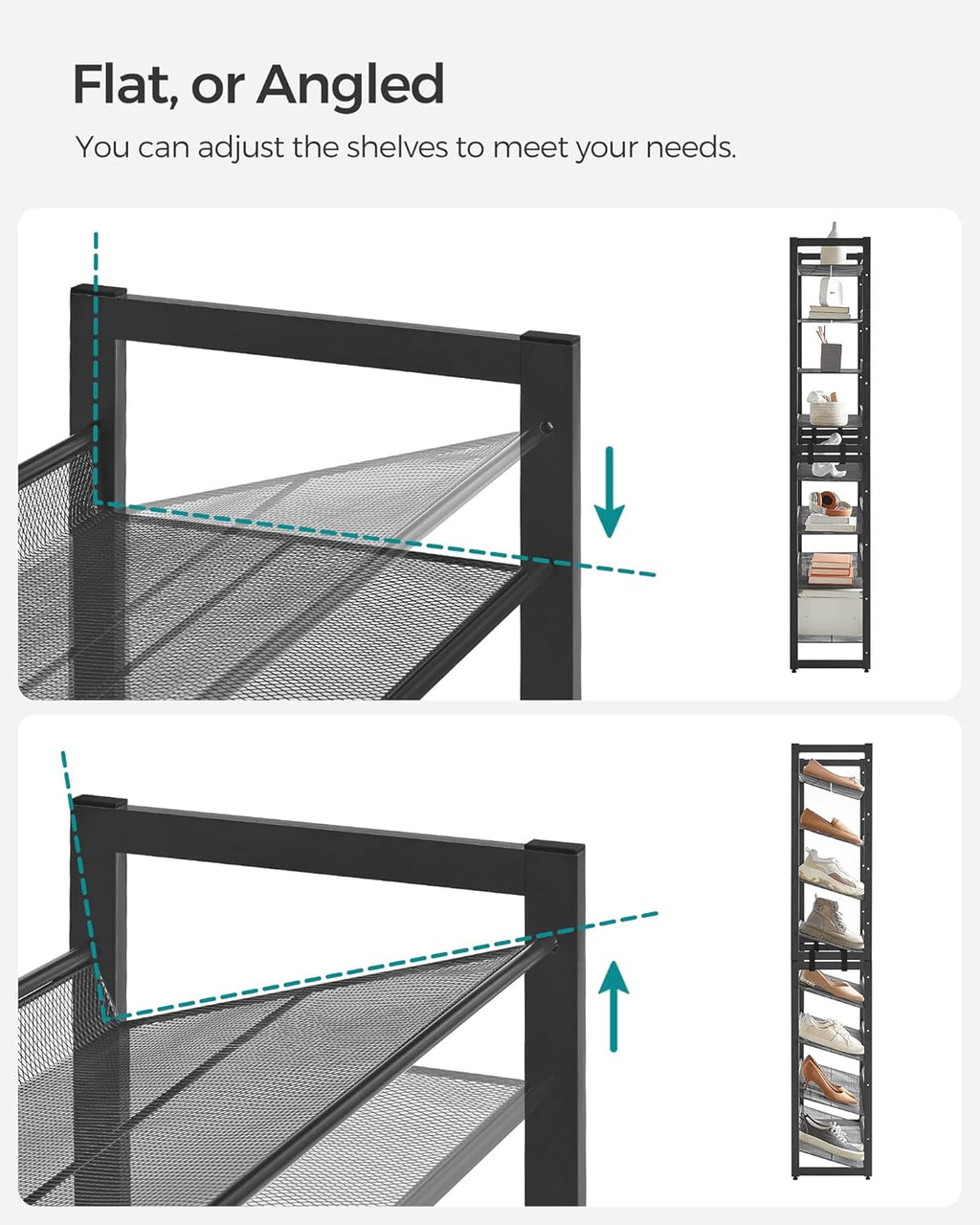 SONGMICS Shoe Rack, 8-Tier Shoe Organizer, Metal Rack for Garage, Set of 2, 4-Tier Stackable Shelf, with Adjustable Flat or Angled Shelves, 32-40 Pairs, Ink Black ULMR08B