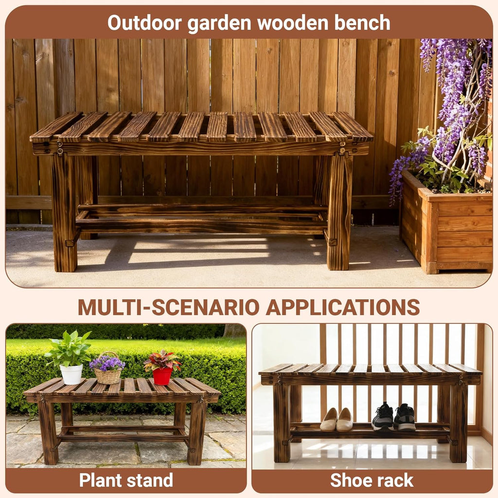 35.5" Outdoor Garden Bench, Weatherproof 2-Person Backless Wooden Bench with Mortise-Tenon Structure – for Garden, Lawn, Porch, Backyard （Brown
