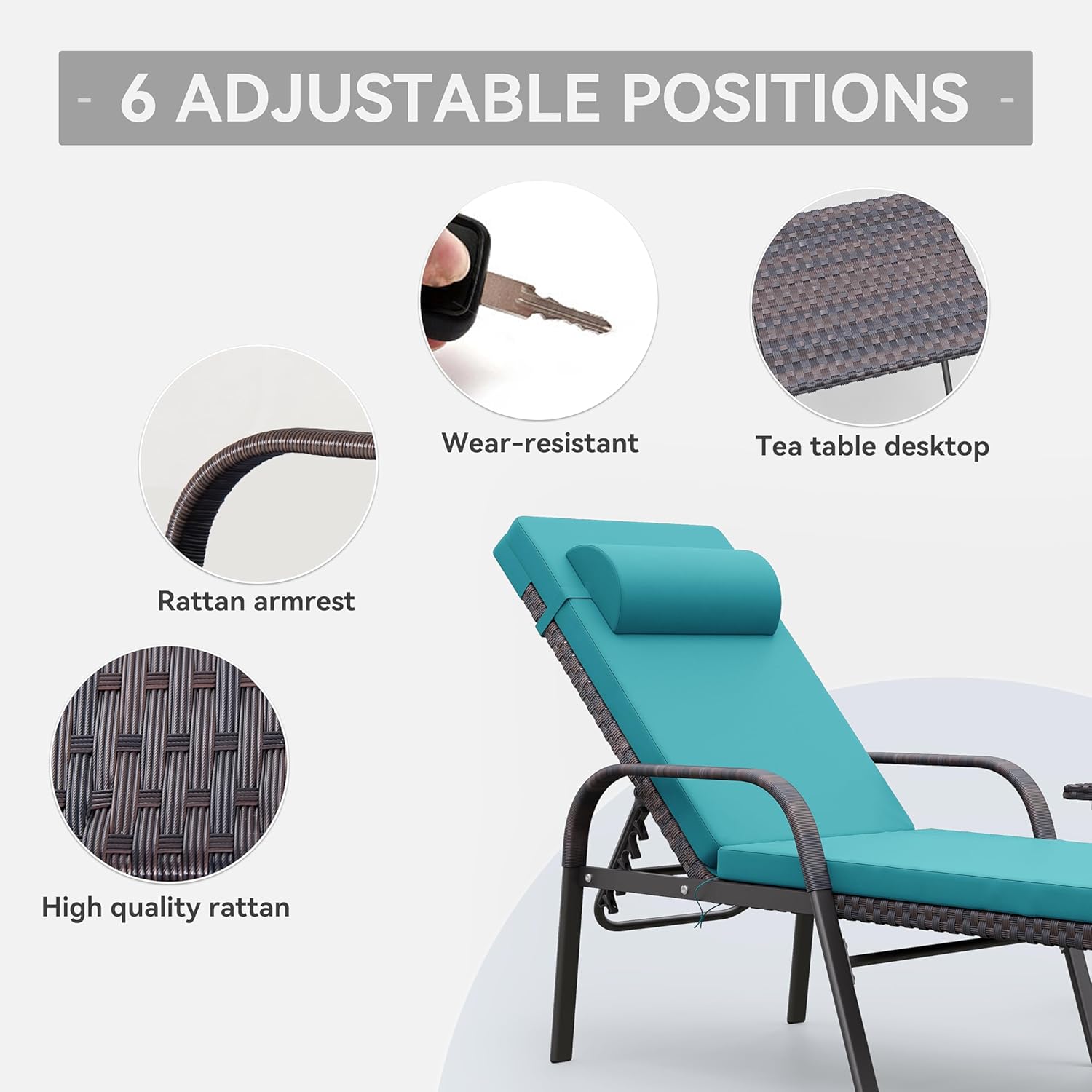 3 Pieces Patio Chaise Lounge Set Outdoor PE Rattan Armrest Lounge Chair Adjustable Backrest Reclining Chair with Folding Table and Cushion for Patio Poolside Backyard Porch Beach(Blue)