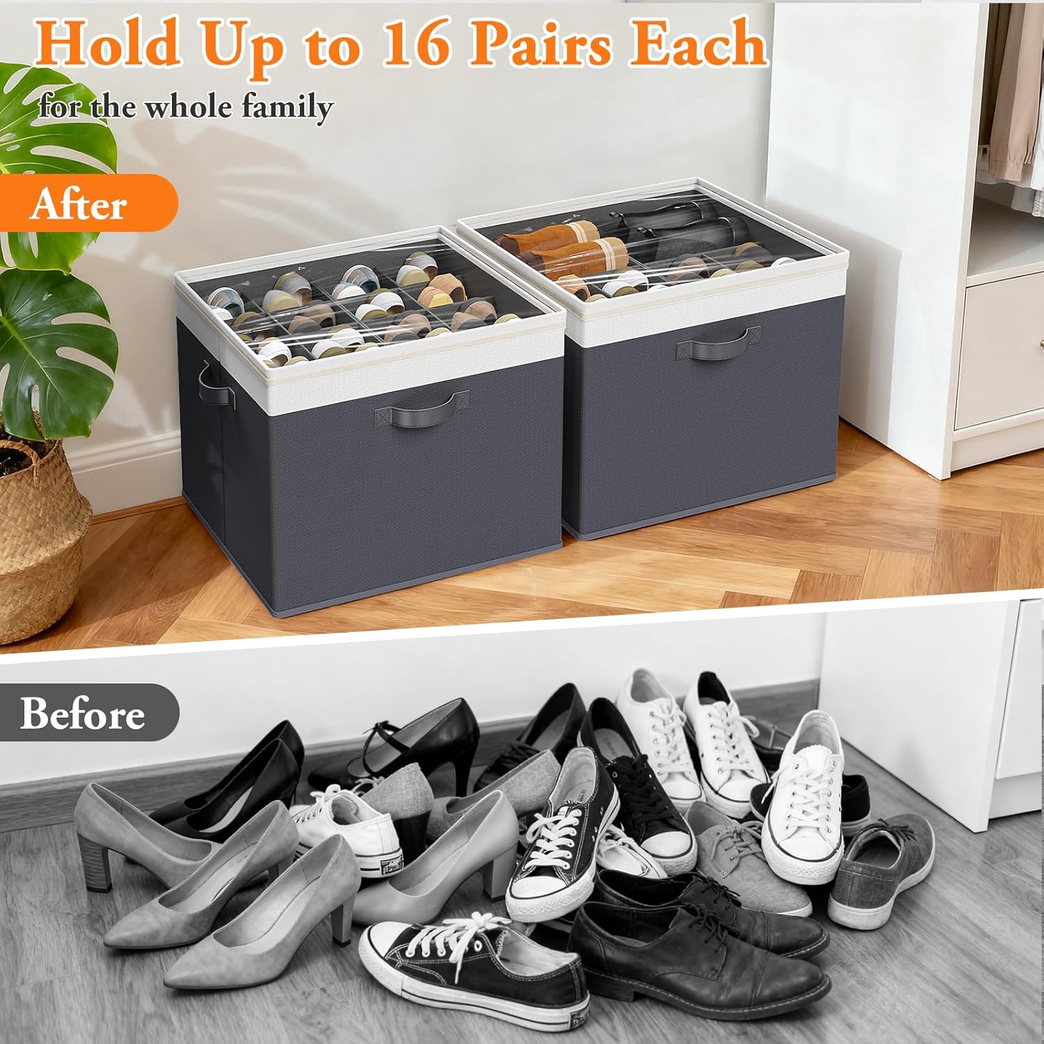 Shoe Organizer for Closet - 2 Packs Hold up to 32 Pairs, Large Shoe Storage Organizer Containers with Adjustable Dividers, Clear Cover, Leather Handles for Heels, Boots, Sneakers (Gray)