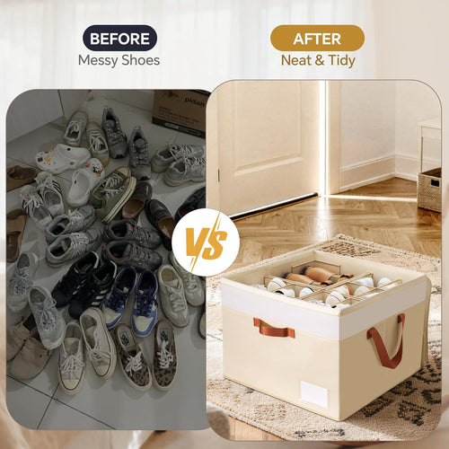 Criusia Shoe Organizer for Closet, 2 Pack Foldable Shoe Storage Organizer Box Bin with Adjustable Dividers and Clear Cover, Closet Shoe Storage for Sneakers Sandals Boots, Fit 16-32 Pairs, Beige