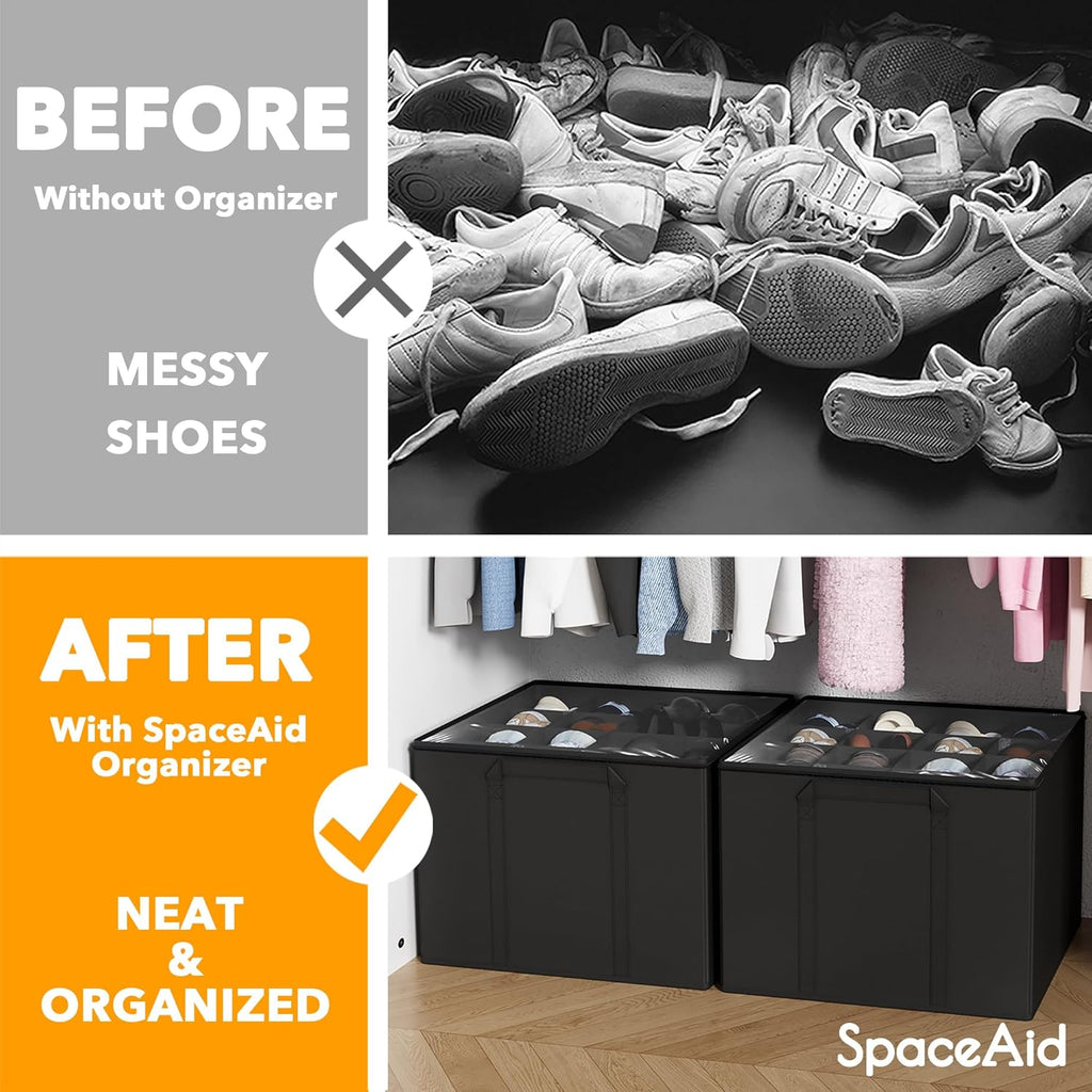 SpaceAid Shoe Organizer for Closet, 2 Pack Foldable Shoe Storage Containers Baskets Boxes Bins w/Adjustable Dividers, Fits 16-32 Pairs, Black