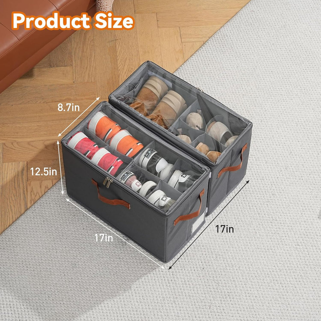 2 Pack Shoe Organizer for Closet, Foldable Shoe Storage Organizer with Adjustable Dividers and Clear Cover, Stackable Fabric Closet Shoe Organizer Storage Box Fits 16 Pairs, Gray