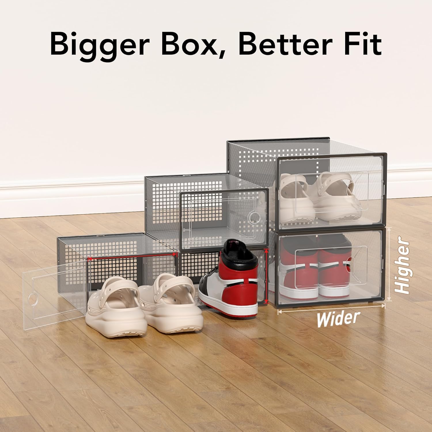 X-Large Shoe Storage Box, 15 Pack Clear Plastic Stackable Shoe Organizer for Closet, Interlocking Design Shoe Container Bins for Sneakers, Foldable Shoe Rack with Lids, Black