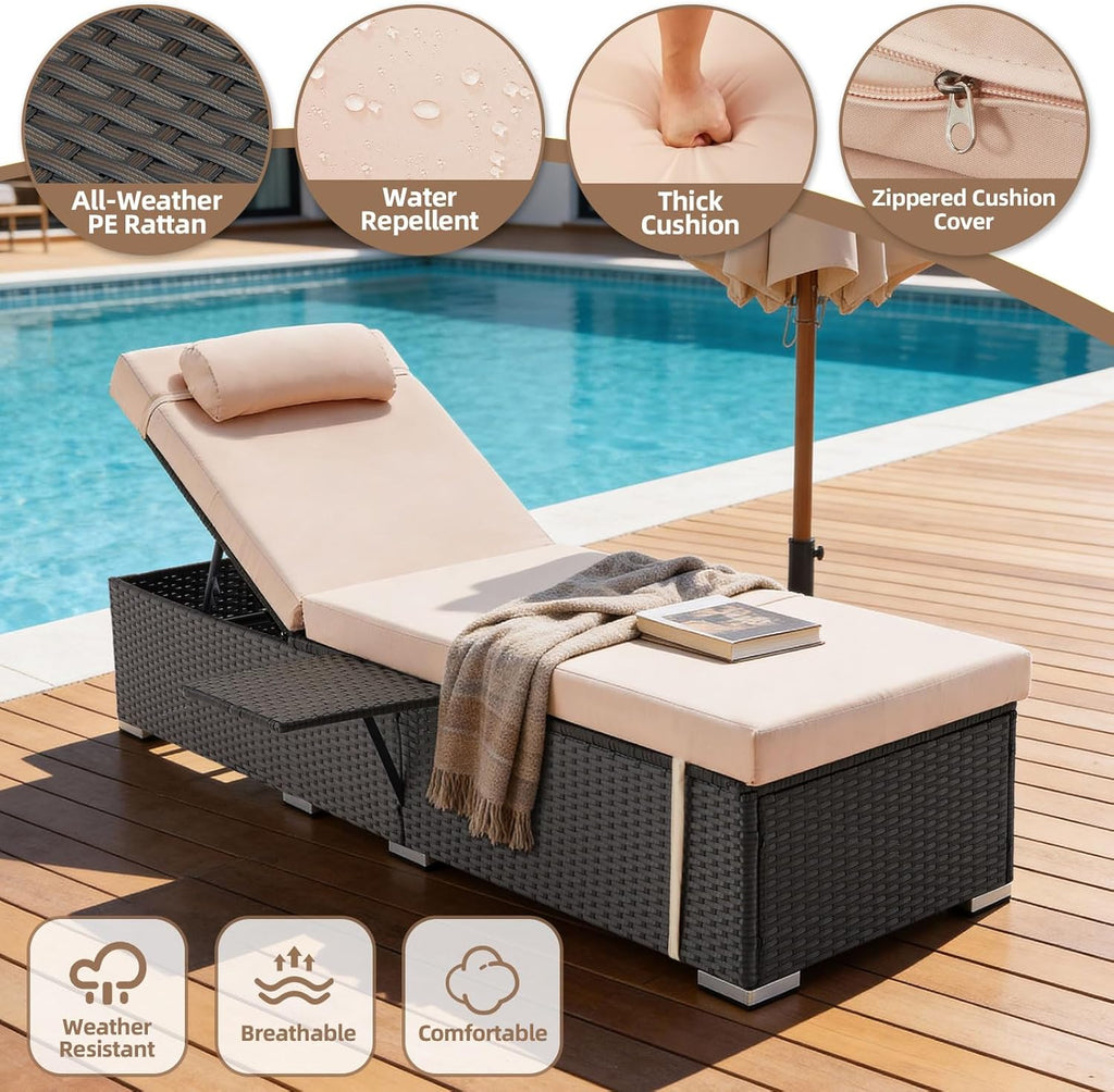 Outdoor Chaise Lounge with Adjustable Backrest Set of 2, 6-Position Reclining Lounger Pool Chair, Thick 3-Inch Cushion & Side Tray, All-Weather PE Wicker for Outdoor, Backyard, Deck (Khaki)