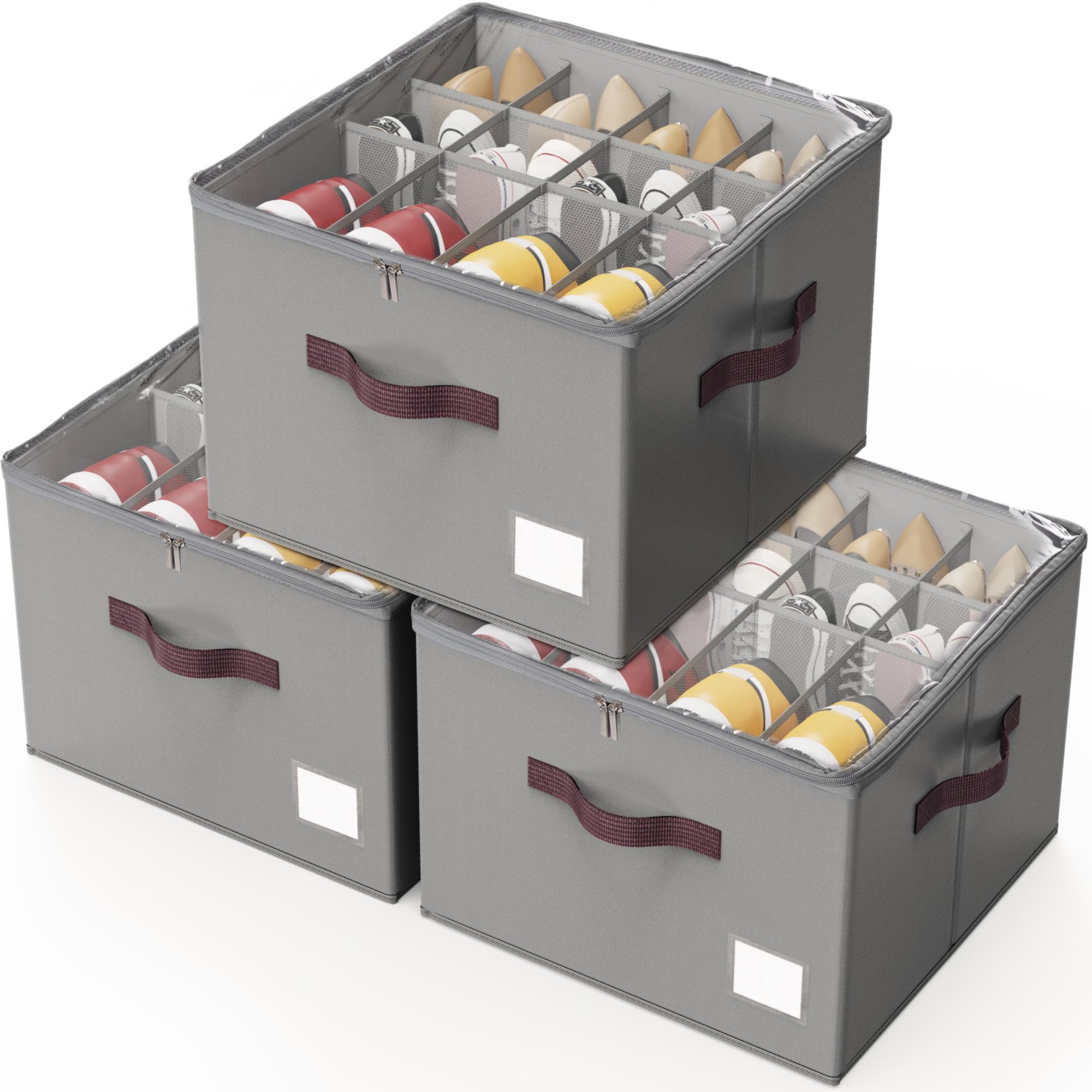 Criusia Shoe Organizer for Closet, 2 Pack Shoe Organizer with Transparent Cover and Sturdy Handles, Closet Shoe Storage for Sneakers Sandals Slippers, Fit 12-16 Pairs, Gray