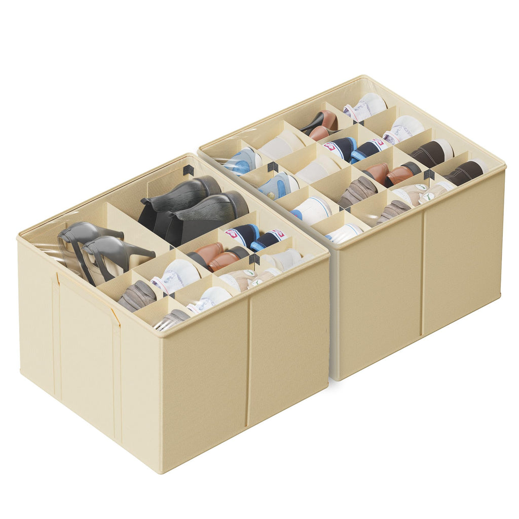 SUOCO 2 Pack Shoe Organizer for Closet, Fits up to 32 Pairs, Small Space Shoe Storage Boxes Bins Containers w/Adjustable Dividers and Clear Top, Black