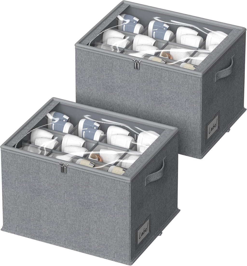 2 Pack Shoe Organizer for Closet - Shoe Storage Bins with Clear Cover, Fabric Shoe Storage Containers with Reinforced Handles, Fits up to 24 Pairs (Grey, 16.5 * 12.6 * 12.2in)