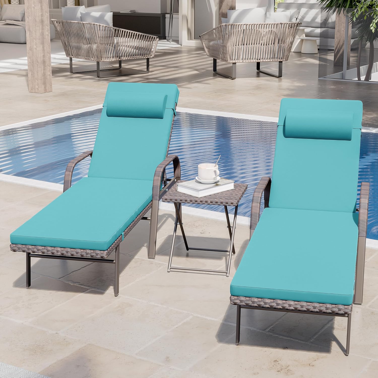 3 Pieces Patio Chaise Lounge Set Outdoor PE Rattan Armrest Lounge Chair Adjustable Backrest Reclining Chair with Folding Table and Cushion for Patio Poolside Backyard Porch Beach(Blue)