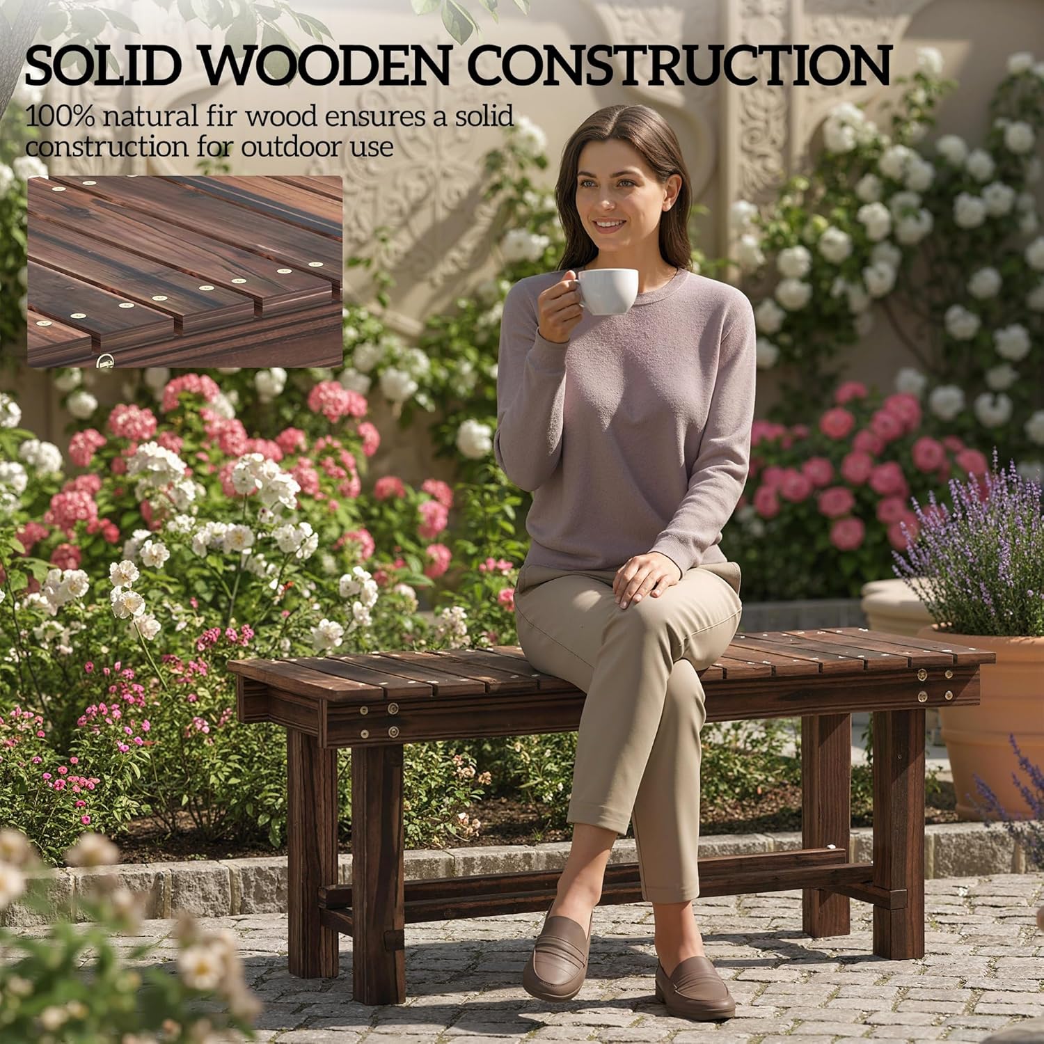 Outsunny 35.4" Wooden Garden Bench with Storage Shelf, 2 Seater, Suitable for Patio, Balcony, Outdoor Bench, Carbonized Wood