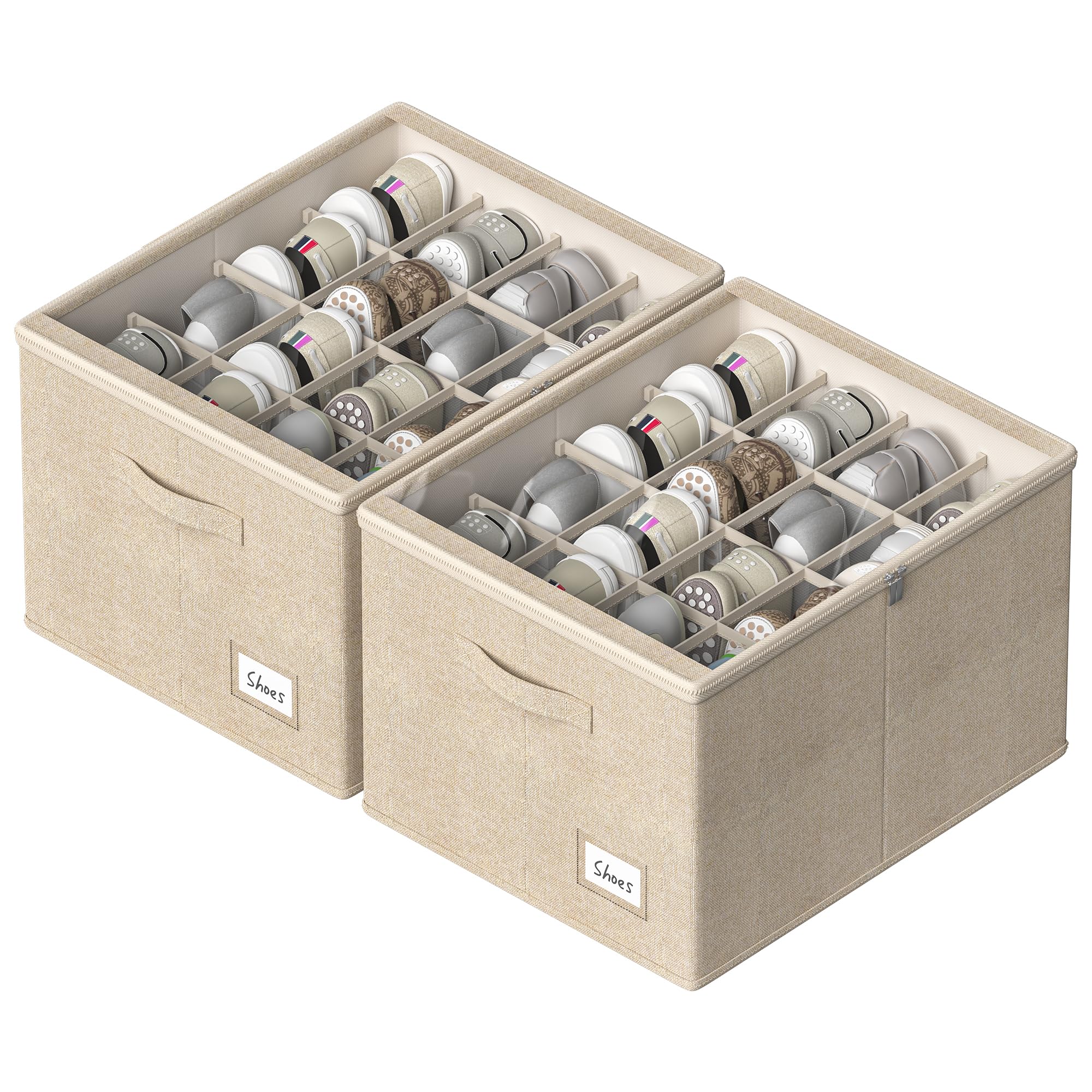2 Pack Shoe Organizer for Closet - Shoe Storage Bins with Clear Cover, Fabric Shoe Storage Containers with Reinforced Handles, Fits up to 24 Pairs (Grey, 16.5 * 12.6 * 12.2in)