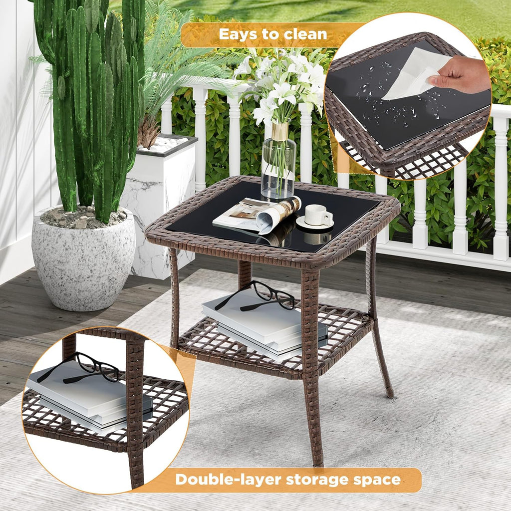 HOMREST Wicker Chaise Lounge Set of 2, Pool Lounge Chair with Side Table, Outdoor Reclining Lounger Chair with Wheels 5-Level Adjustable Backrest for Poolside Deck Lawn,Khaki