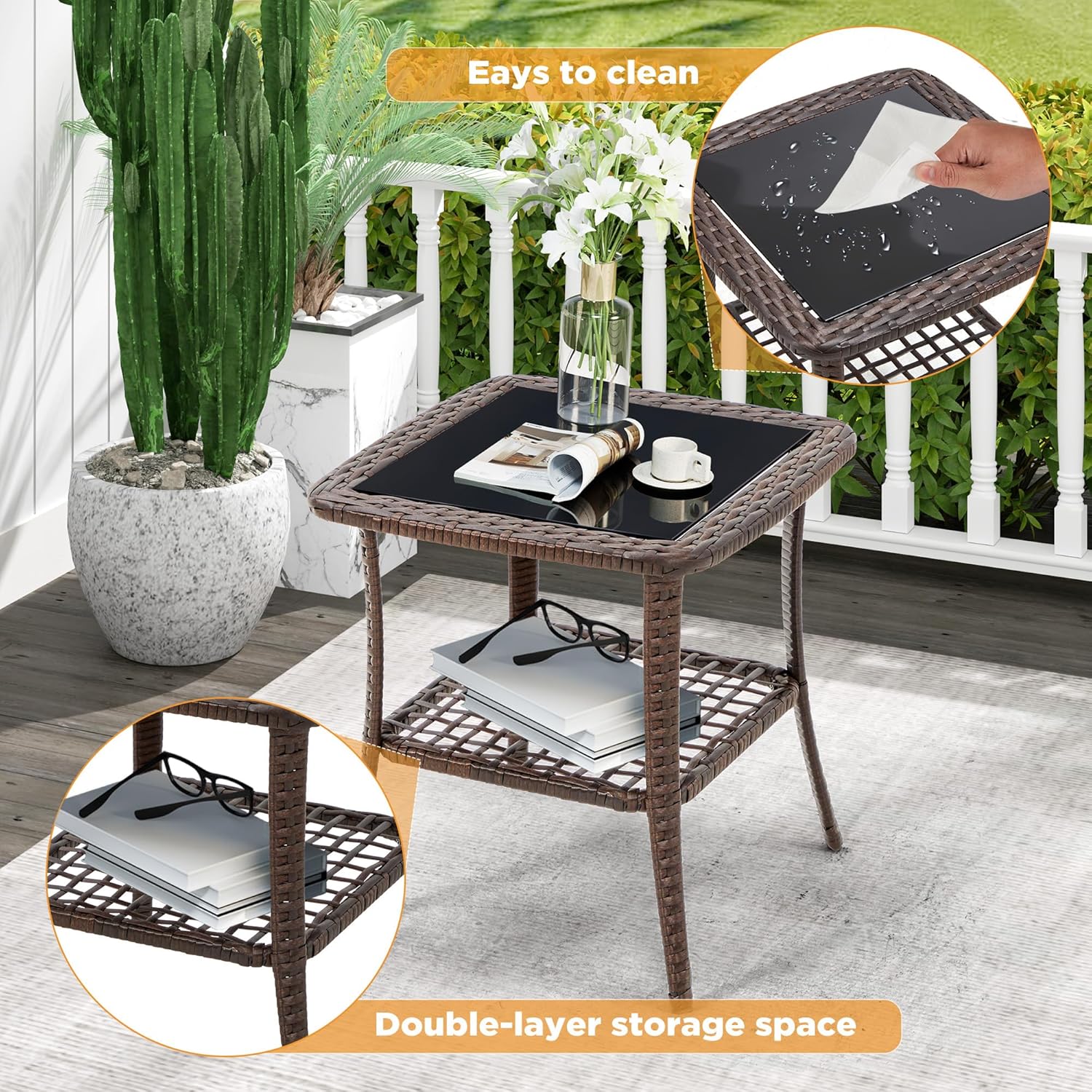 HOMREST Wicker Chaise Lounge Set of 2, Pool Lounge Chair with Side Table, Outdoor Reclining Lounger Chair with Wheels 5-Level Adjustable Backrest for Poolside Deck Lawn,Khaki