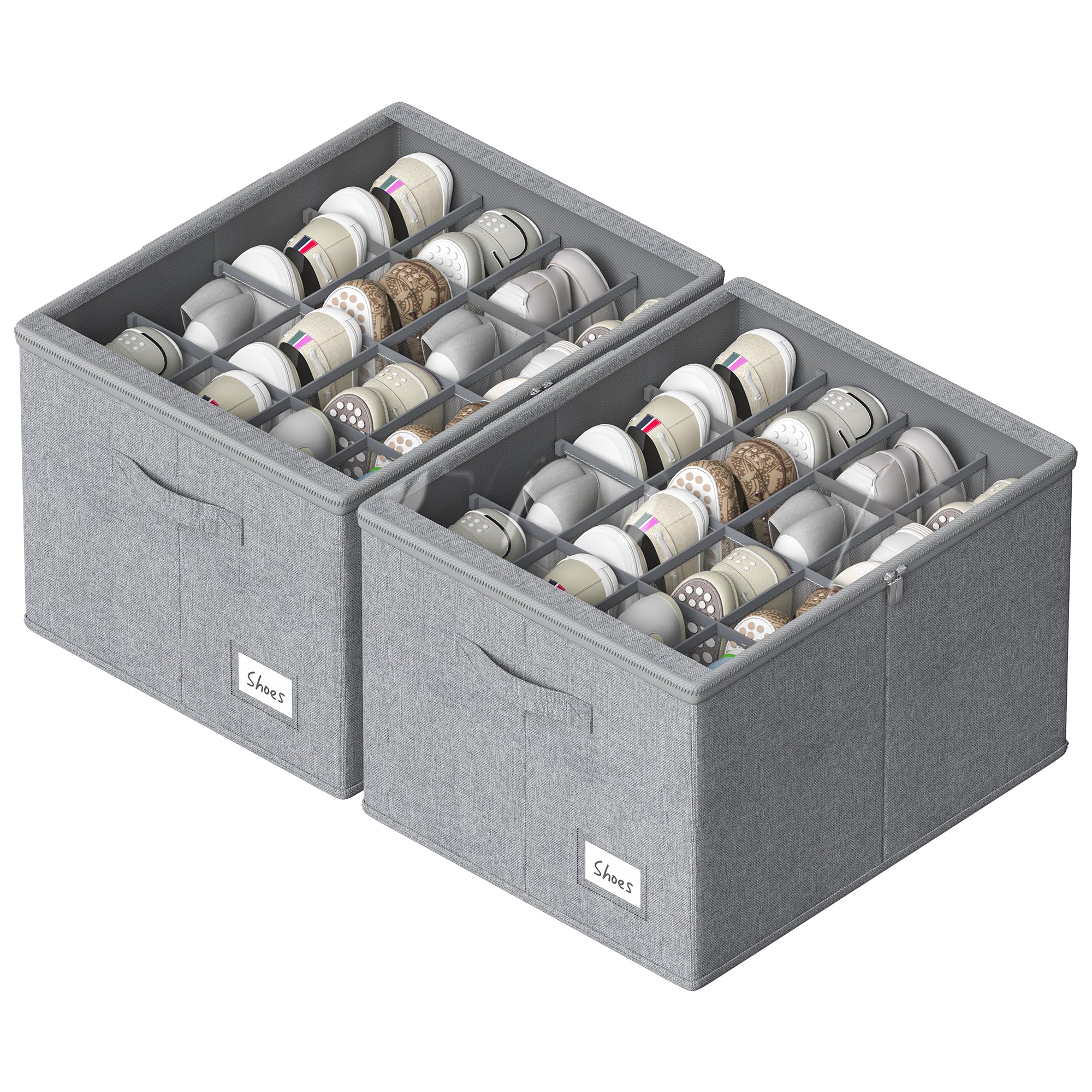 2 Pack Shoe Organizer for Closet - Shoe Storage Bins with Clear Cover, Fabric Shoe Storage Containers with Reinforced Handles, Fits up to 24 Pairs (Grey, 16.5 * 12.6 * 12.2in)