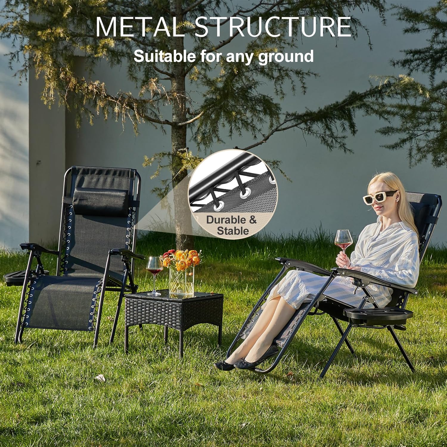 Sweetcrispy Zero Gravity Chairs, Set of 2 Portable Recliner Beach Camping Patio Outdoor Folding Lounge Chair with Cup Holder Trays and Adjustable Pillow for Poolside, Garden, Backyard, Lawn (Black)
