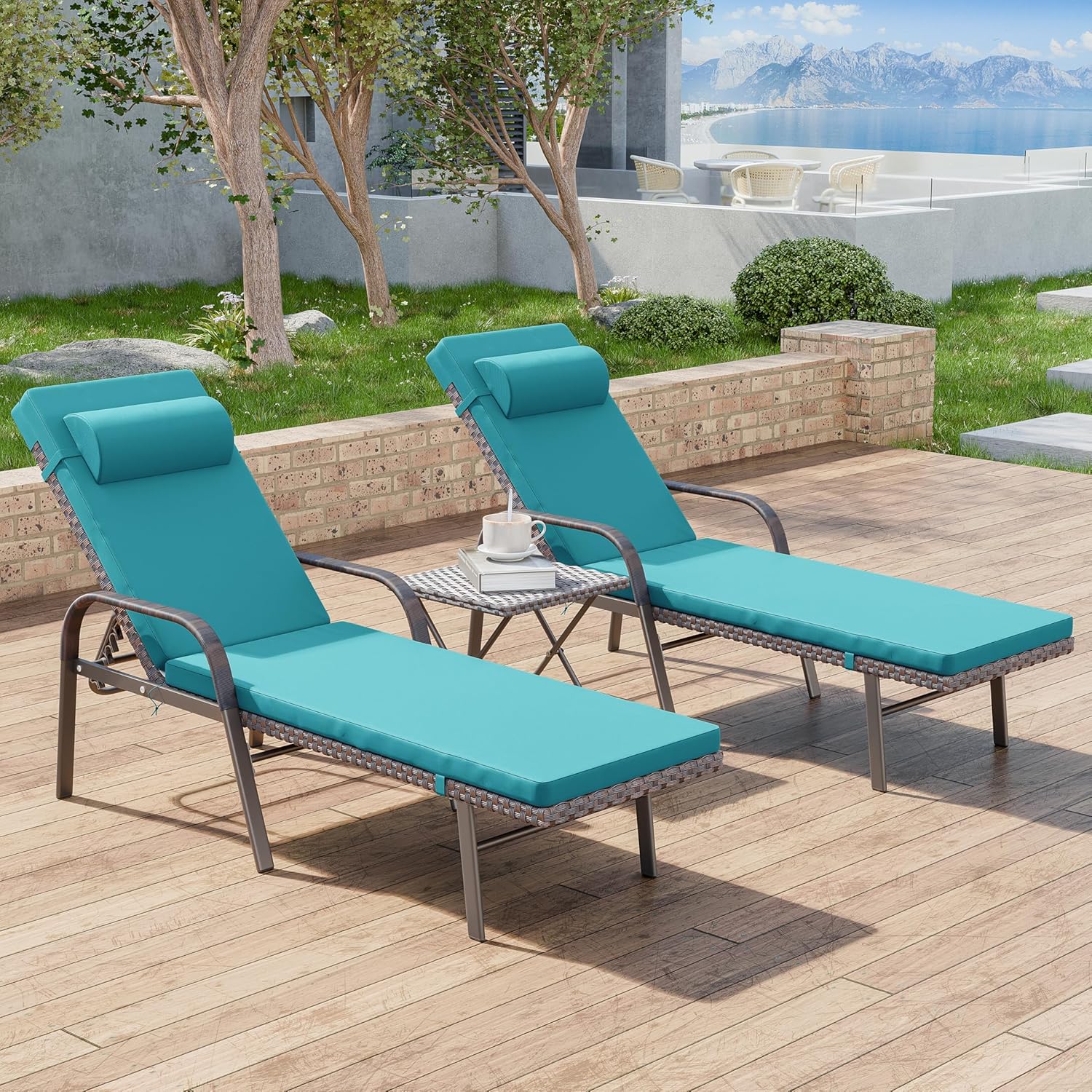 3 Pieces Patio Chaise Lounge Set Outdoor PE Rattan Armrest Lounge Chair Adjustable Backrest Reclining Chair with Folding Table and Cushion for Patio Poolside Backyard Porch Beach(Blue)