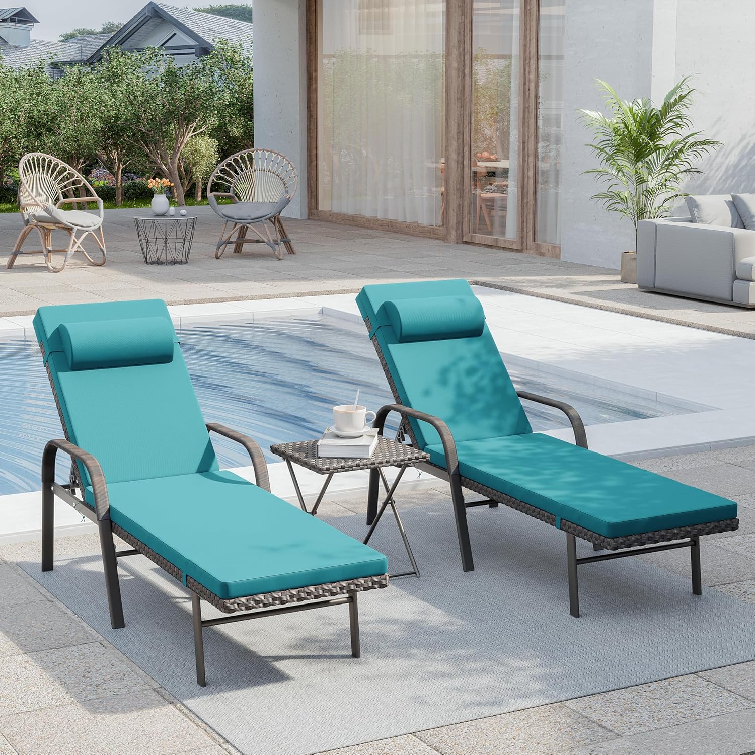 3 Pieces Patio Chaise Lounge Set Outdoor PE Rattan Armrest Lounge Chair Adjustable Backrest Reclining Chair with Folding Table and Cushion for Patio Poolside Backyard Porch Beach(Blue)