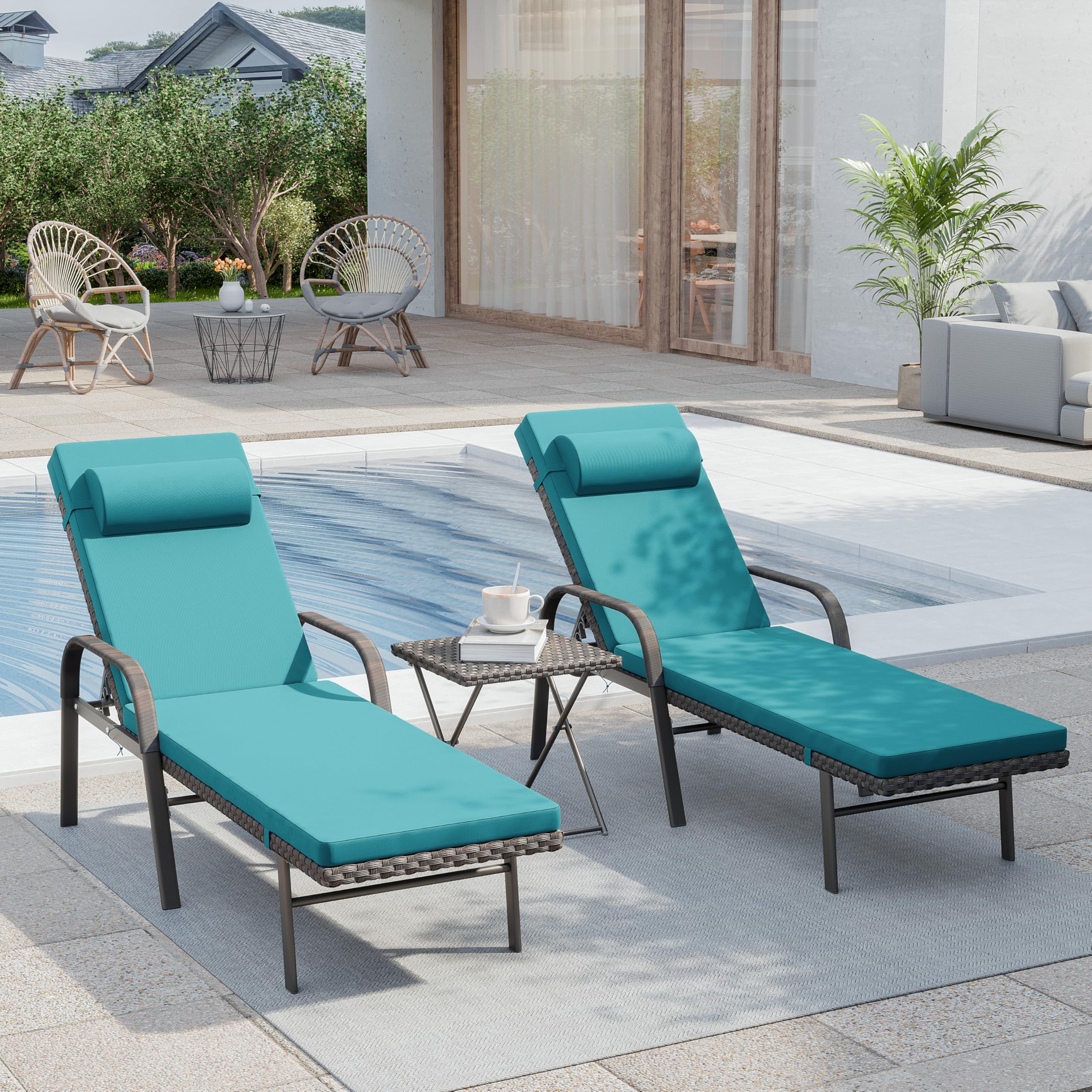 3 Pieces Patio Chaise Lounge Set Outdoor PE Rattan Armrest Lounge Chair Adjustable Backrest Reclining Chair with Folding Table and Cushion for Patio Poolside Backyard Porch Beach(Blue)