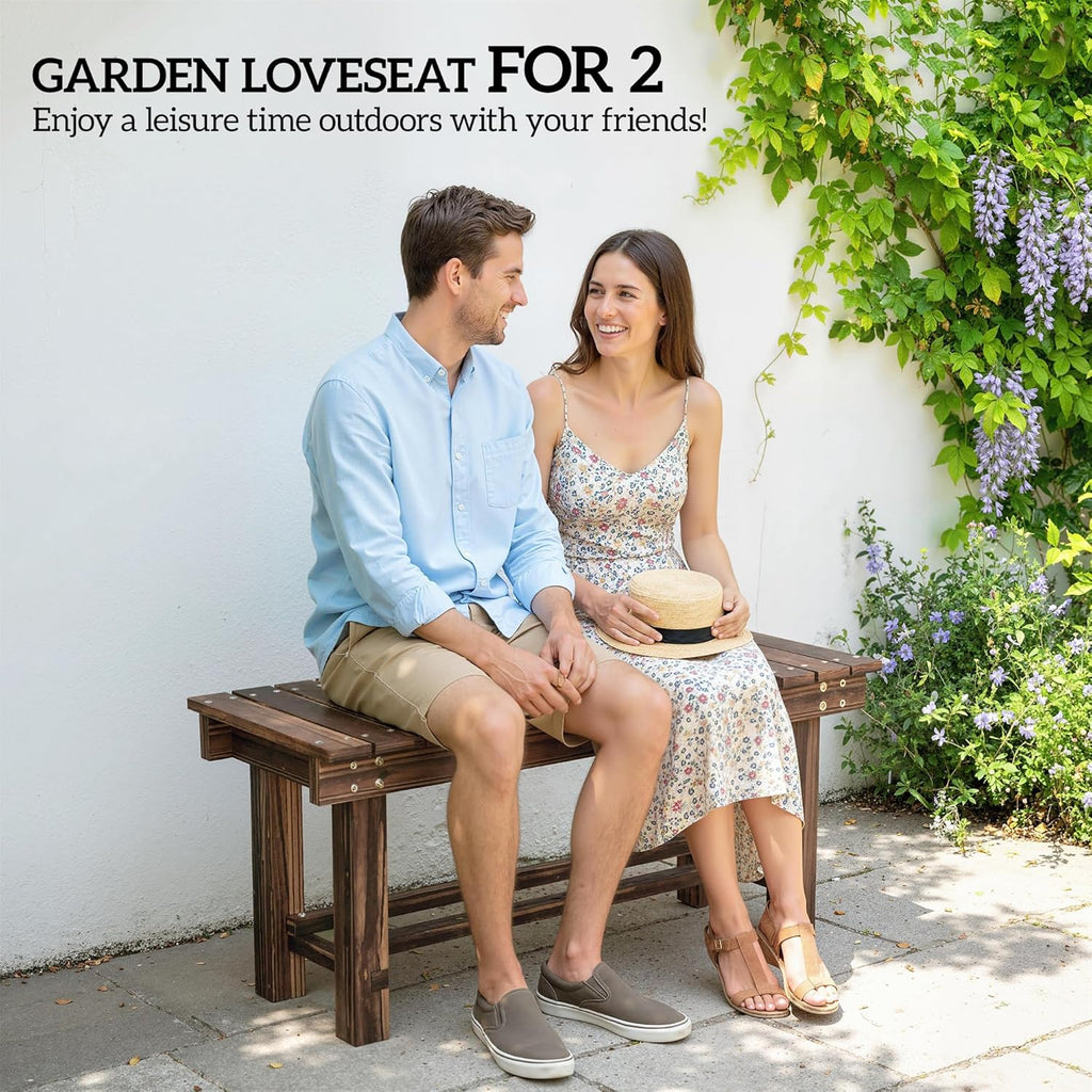 Outsunny 35.4" Wooden Garden Bench with Storage Shelf, 2 Seater, Suitable for Patio, Balcony, Outdoor Bench, Carbonized Wood